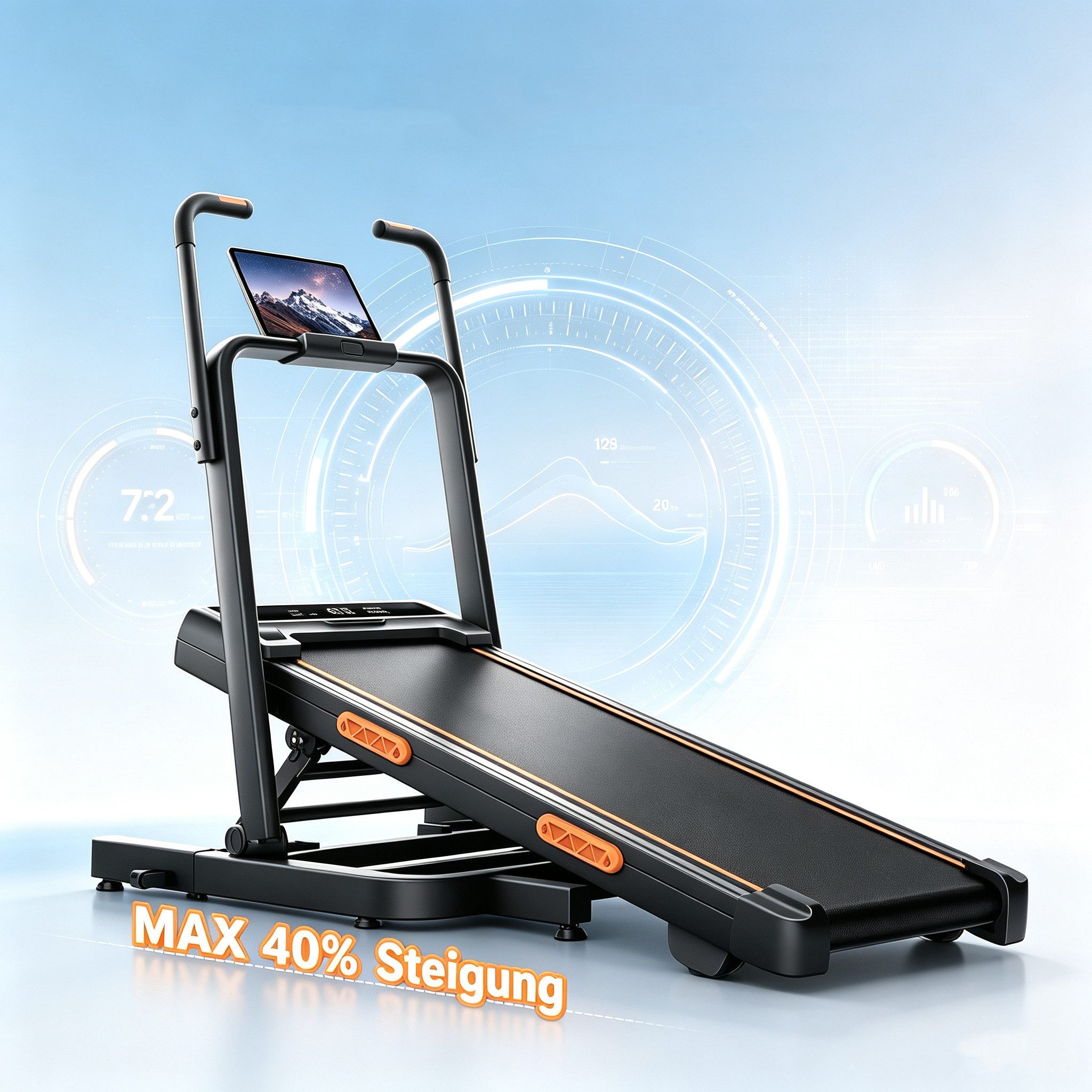 BAYMATE Laufband für zuhause (für mehr Stabilität, platzsparendes 15 cm Design, 40 % Steigung, 12 km/h, ideal für Zuhause, leiser Betrieb, perfekt fürs Homeoffice), 130 cm extra lange Handläufe für mehr Stabilität
