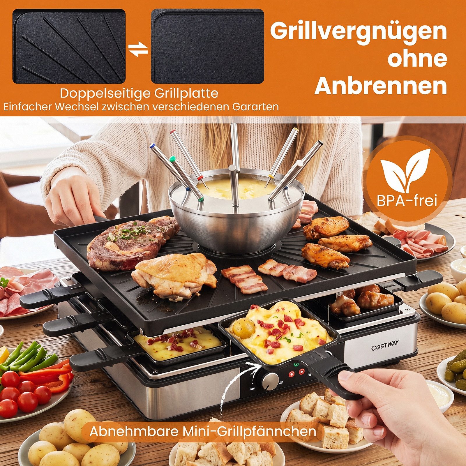 COSTWAY Raclette Grill Elektrogrill mit Fondue, 8 Raclettepfännchen, 2200 W, doppelter Thermostate, Fondue – Bild 4 von 5