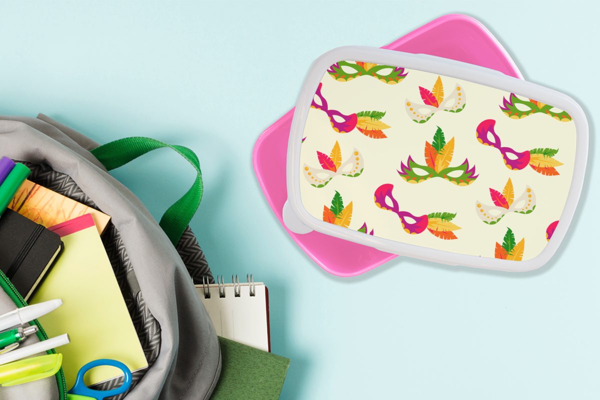 MuchoWow Lunchbox Karneval - Masken, rosa Brotbox Kunststoff, für Mädchen, Kinder, Erwachsene, Snackbox, Brotdose Kunststoff (2-tlg)