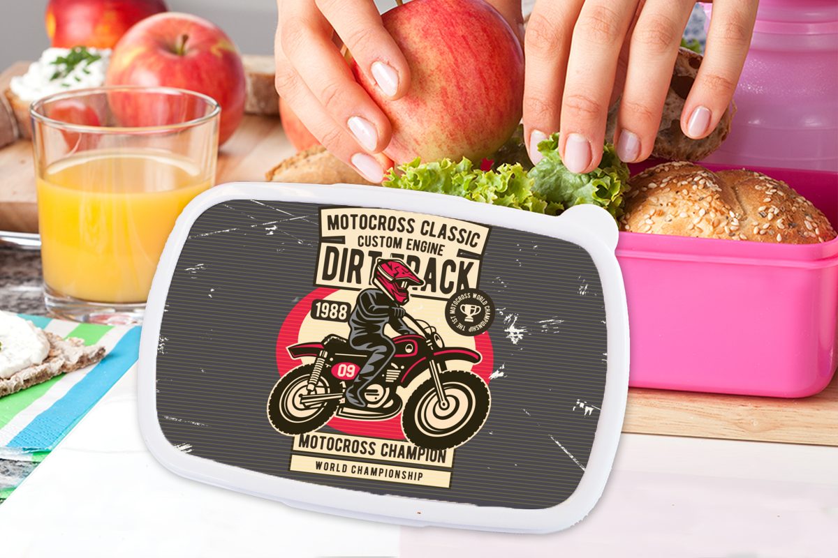 - rosa für Retro - Motorrad - Kinder, Brotdose Kunststoff Snackbox, Helm Kunststoff, Brotbox Mädchen, Lunchbox (2-tlg), Erwachsene, MuchoWow Zeichnung,