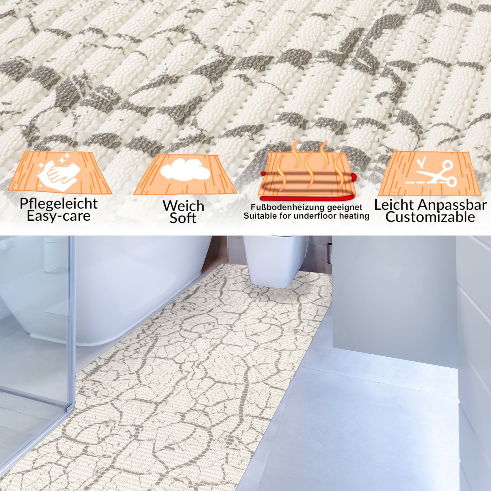 ANRO Schaum-Badematte Antirutschmatte Weichschaummatte Badezimmer Premium, Höhe 5 mm, wasserdurchlässig, pflegeleicht, Rillen, rutschhemmend, Drainage Effekt, strapazierfähig, schnell trocknend, Praktisch, Weich, Rutschhemmend, mit Drainagelöchern, fußbodenheizungsgeeignet, PVC, Eckig, Badteppich Weichschaum 100x65cm Marmor Grau-Weiß