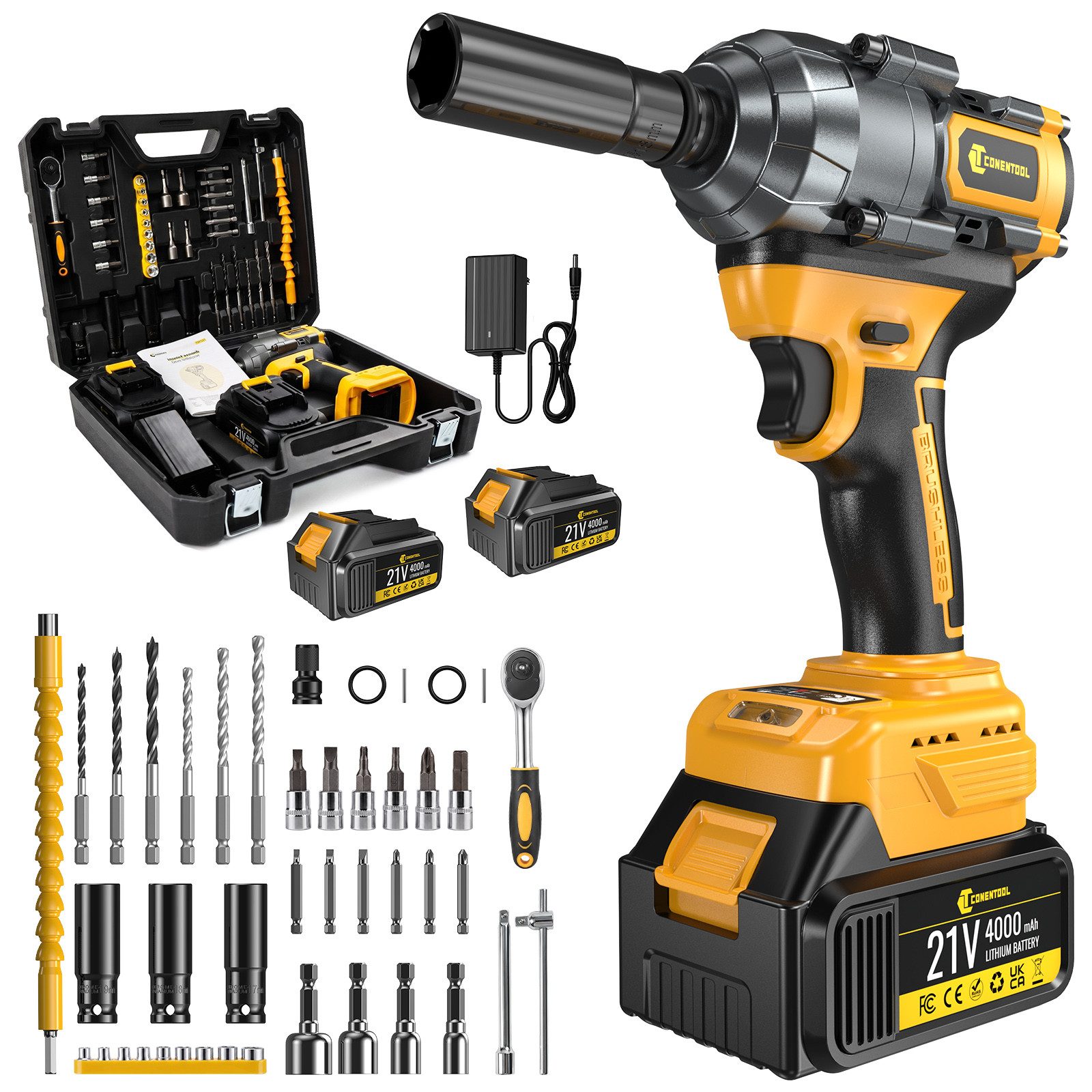 CONENTOOL Akku-Schlagschrauber 1/2" Vierkant, 3-in-1 Bohrmaschine Schrauber, 800Nm,bürstenloser Motor, 800 Nm, (43-tlg), 2×21V 4000mAh Akkus + Schnellladegerät, LED-Licht, mit Werkzeugkoffer