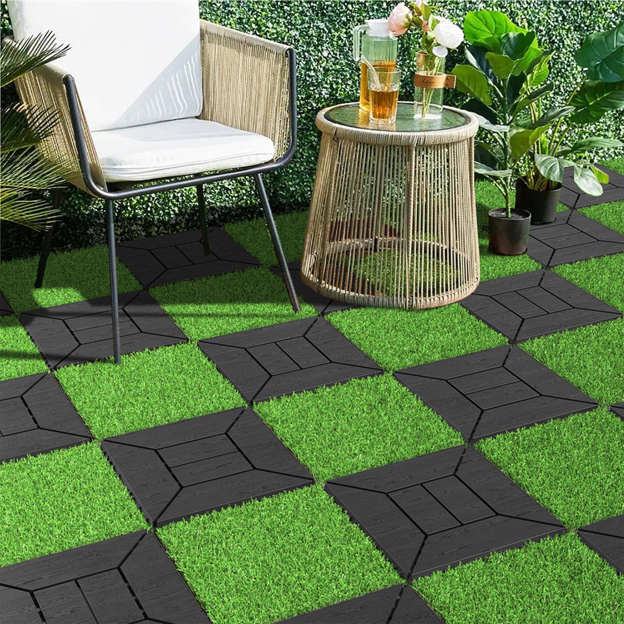 KLAM HOME Klickfliesen Klickfliesen für Terrasse Balkon Garten 30 x 30 x 2 cm, 36 Stück 30x30cm Rasenfliesen Mit Schnellem Stecksystem, 36 St., Wetterfeste Und Pflegeleichte Kunstrasen Fliesen