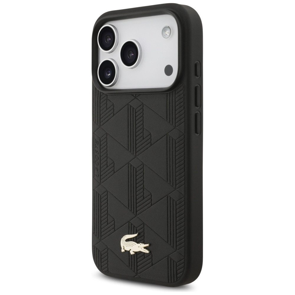 Lacoste Handyhülle iPhone 17 Pro Kunstleder schwarz Logo Krokodil goldfarbig. 6,3 Zoll, Kantenschutz