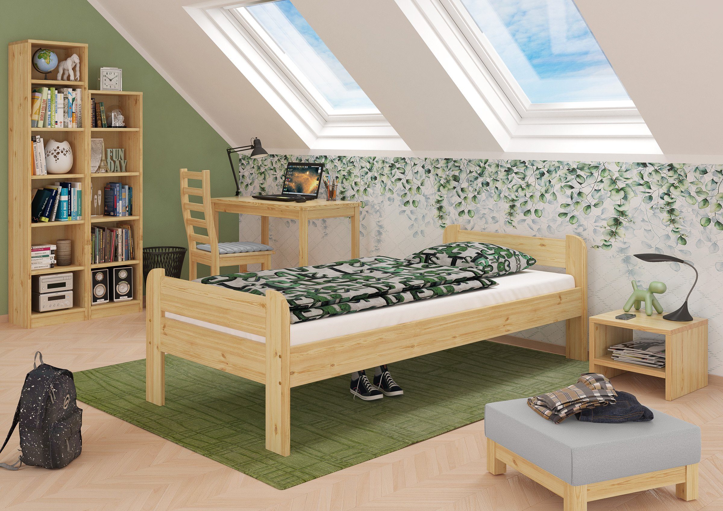 Matratze, lackiert inkl. Bett und mit und Kopf- Einzelbett ERST-HOLZ Kieferfarblos Rollrost Fußteil