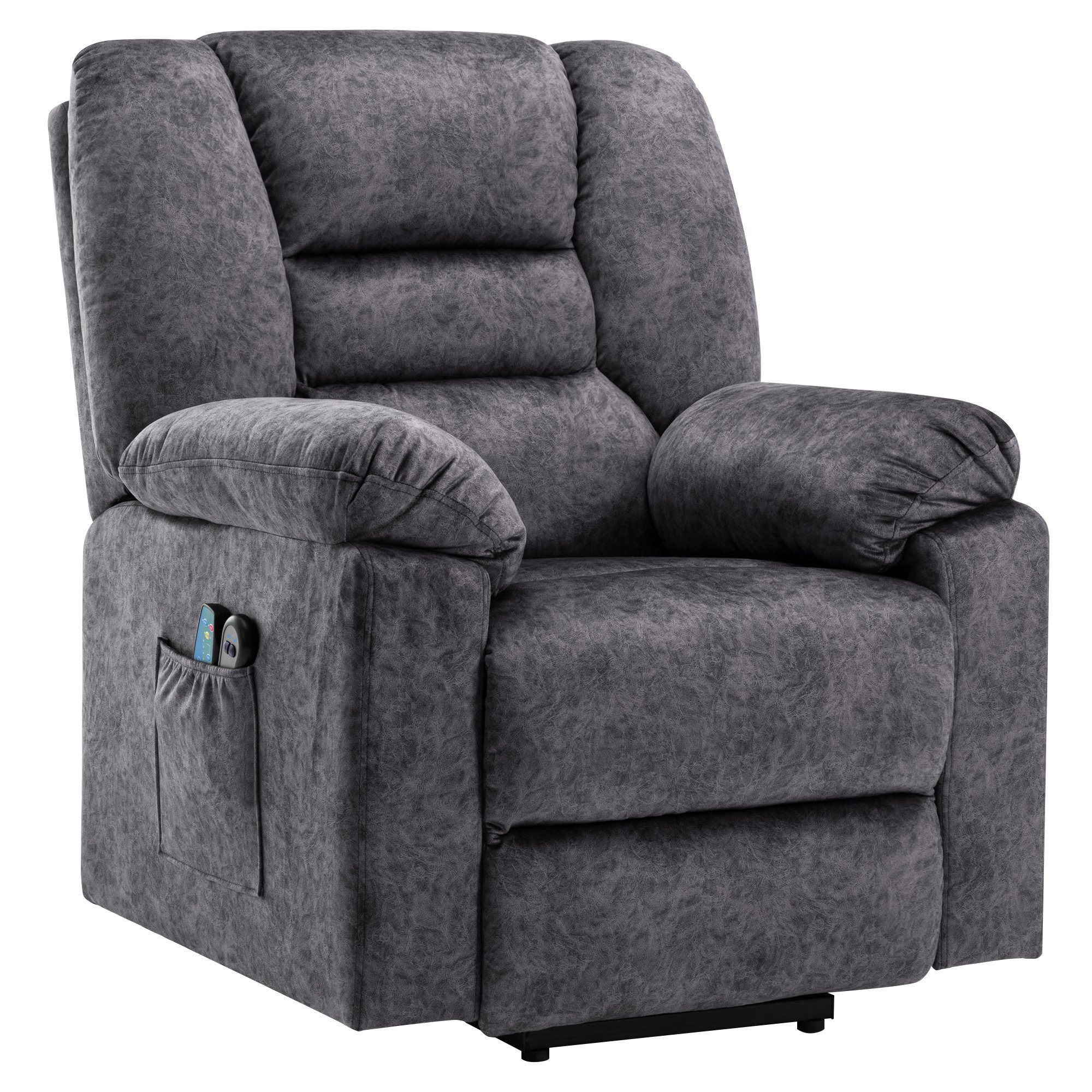 TV-Sessel (Fernsehsessel mit Aufstehhilfe, Schlafsessel, Relaxsessel, Massagesessel, Liegefunktion, Wärmefunktion und Vibrationsmassage), bis zu 150 kg belastbar, Stoff, Braun / Grau