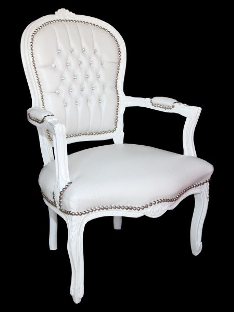 Casa Antik Stuhl Weiß Bling Besucherstuhl - Barock Bling Lederoptik / mit Salon Glitzersteinen Stil Weiß Möbel Padrino