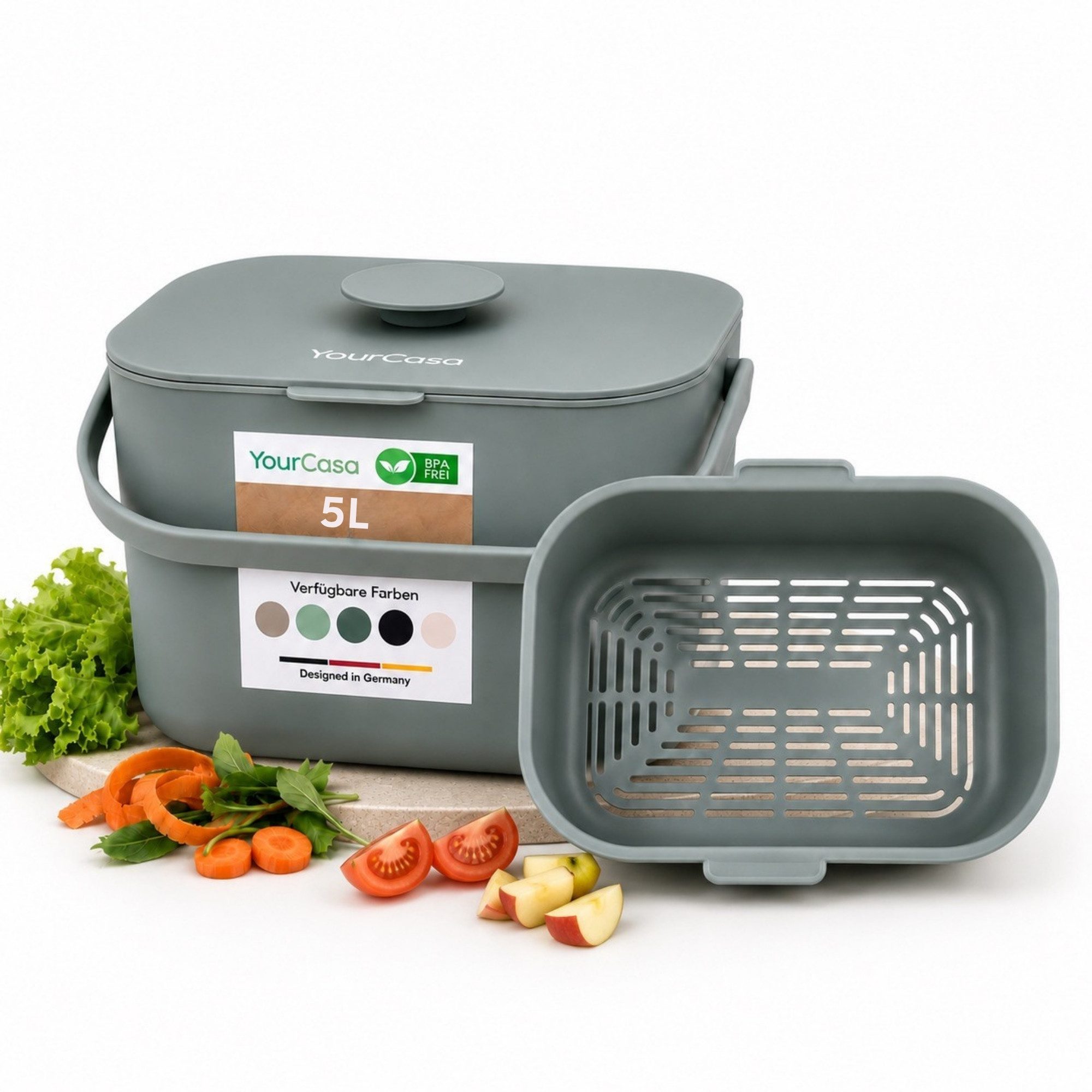 YourCasa Biomülleimer Küche 5L - Komposteimer Küche mit Sieb Spülmaschinenfest, Fassungsvermögen 5L, Spülmaschinenfest