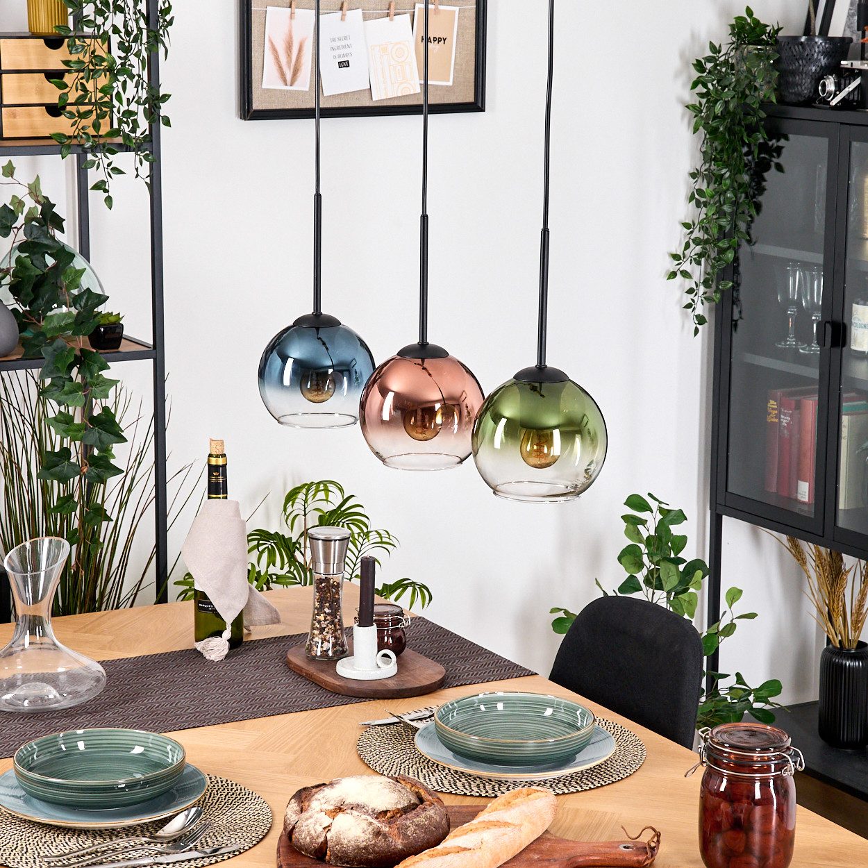 hofstein Hängeleuchte Hängelampe aus Metall/Holz/Glas in Schwarz/Natur/Blau/Grün/Kupfer/Klar, ohne Leuchtmittel, moderne Pendelleuchte im Boho/Retro-Design mit Holzstab, 3 x E27