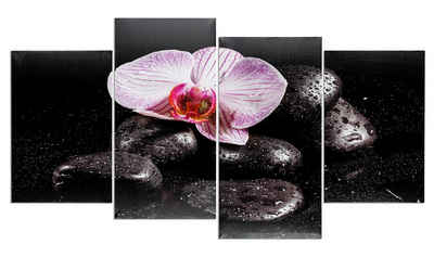Levandeo® Leinwandbild, Wandbild 4 teilig Spa Wellness Orchidee Feng Shui Wasser Bild