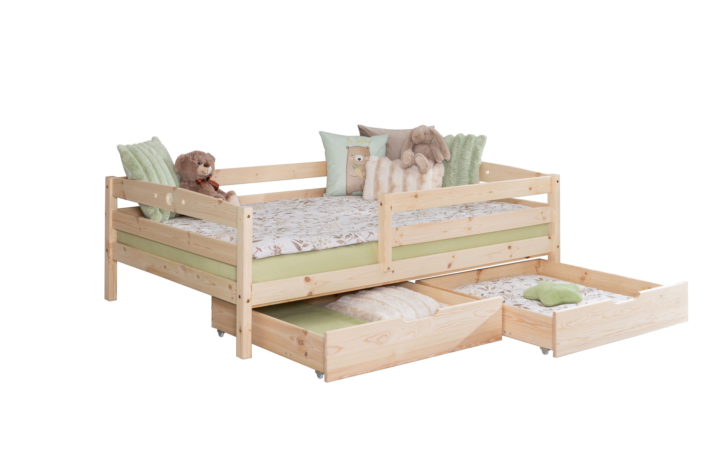 Ticaa Kinderbett Stauraumbett Eli Daybett Kinderbett mit Schublade (120x200 aus Kiefer Massivholz), inkl. Schublade, mit Rausfallschutz, Natur