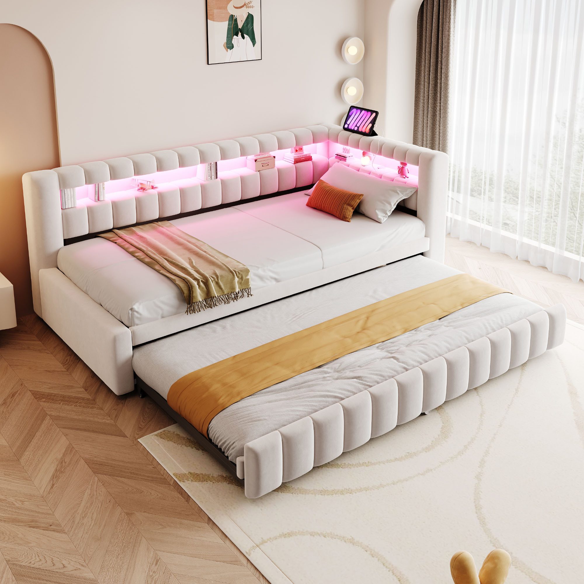 Merax Daybett 90x200cm mit Ausziehbett, LED-Beleuchtung und USB-C-Anschluss (Schlafsofa Sofabett Tagesbett Jugendbett Gästebett, 1 tlg), Polsterbett mit gepolstertem Kopfteil mit Ablagefächern, Samtbezug
