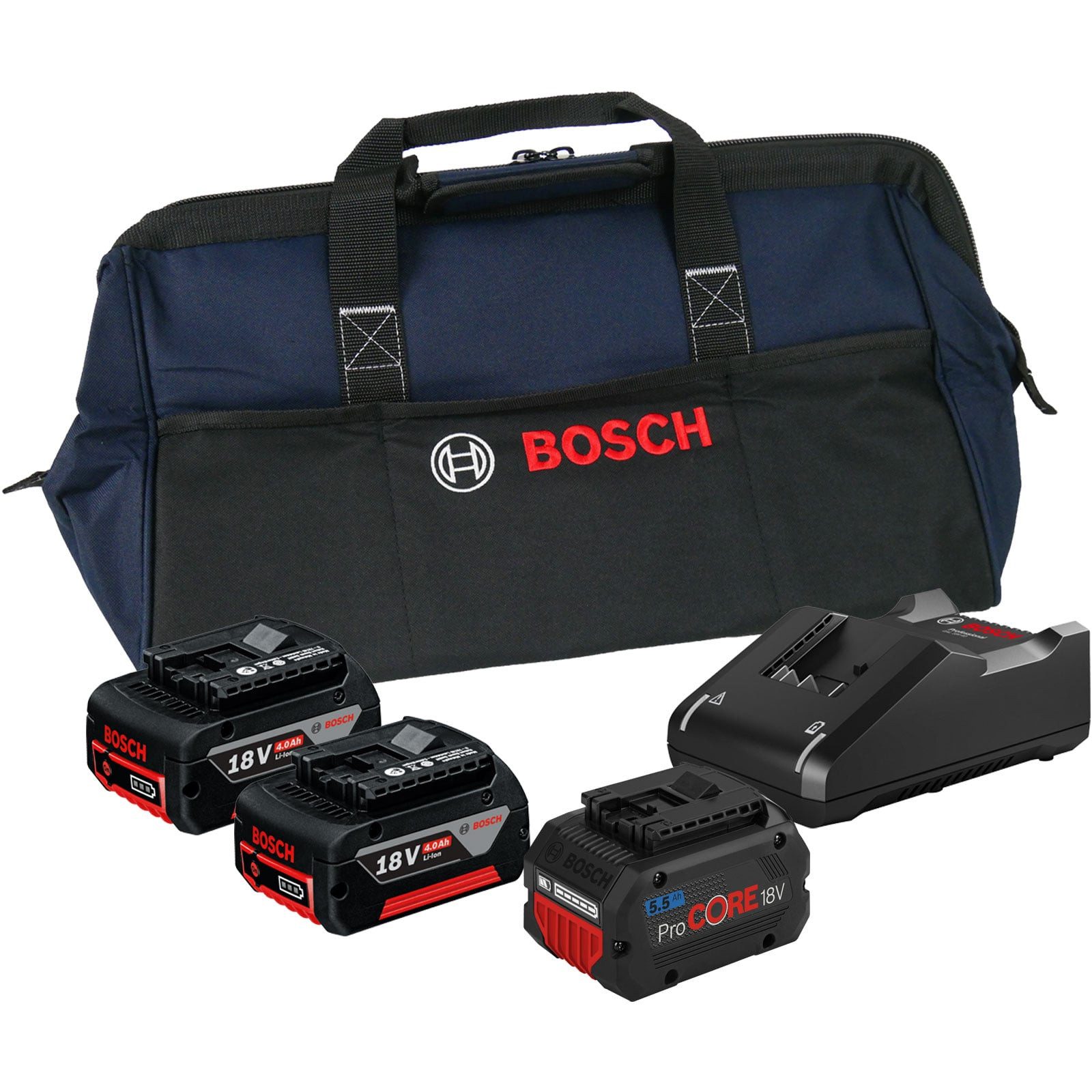 BOSCH Bosch Starter-Set 18V / 2x 4,0 Ah Akku + 1x 5,5 Ah ProCORE18V Akku + L Werkzeug-Akku-Ladetechnik