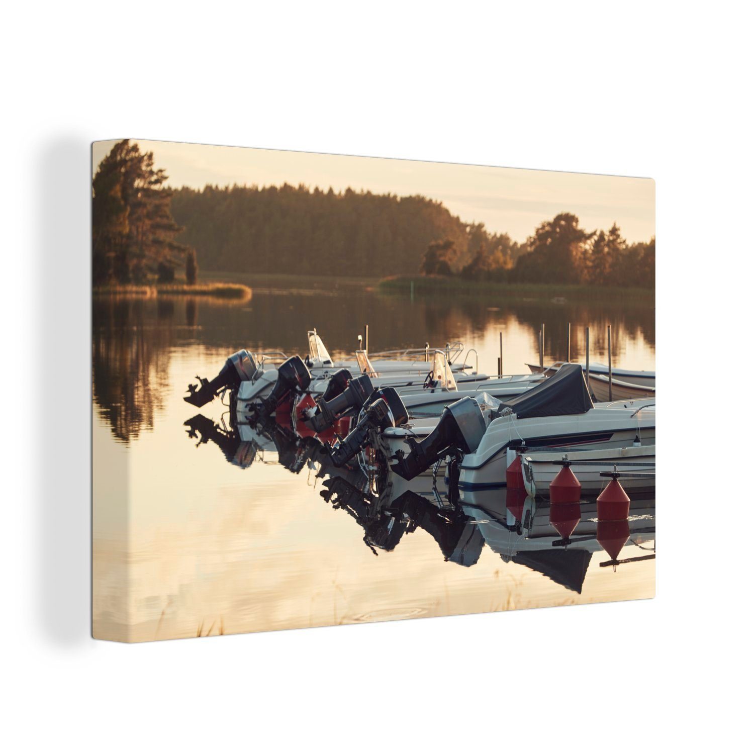 OneMillionCanvasses® Leinwandbild Auf einem See vertäute Motorboote, (1 St), Wandbild Leinwandbilder, Aufhängefertig, Wanddeko, 30x20 cm