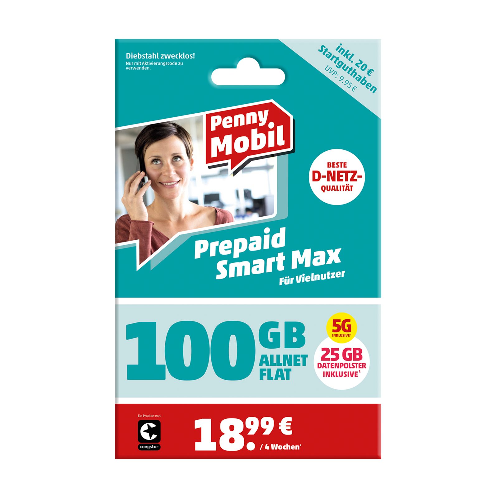 Penny Mobil Prepaid Smart Max Simkarte mit 20 € Startguthaben Prepaidkarte, (EU-Roaming inkl. Schweiz)