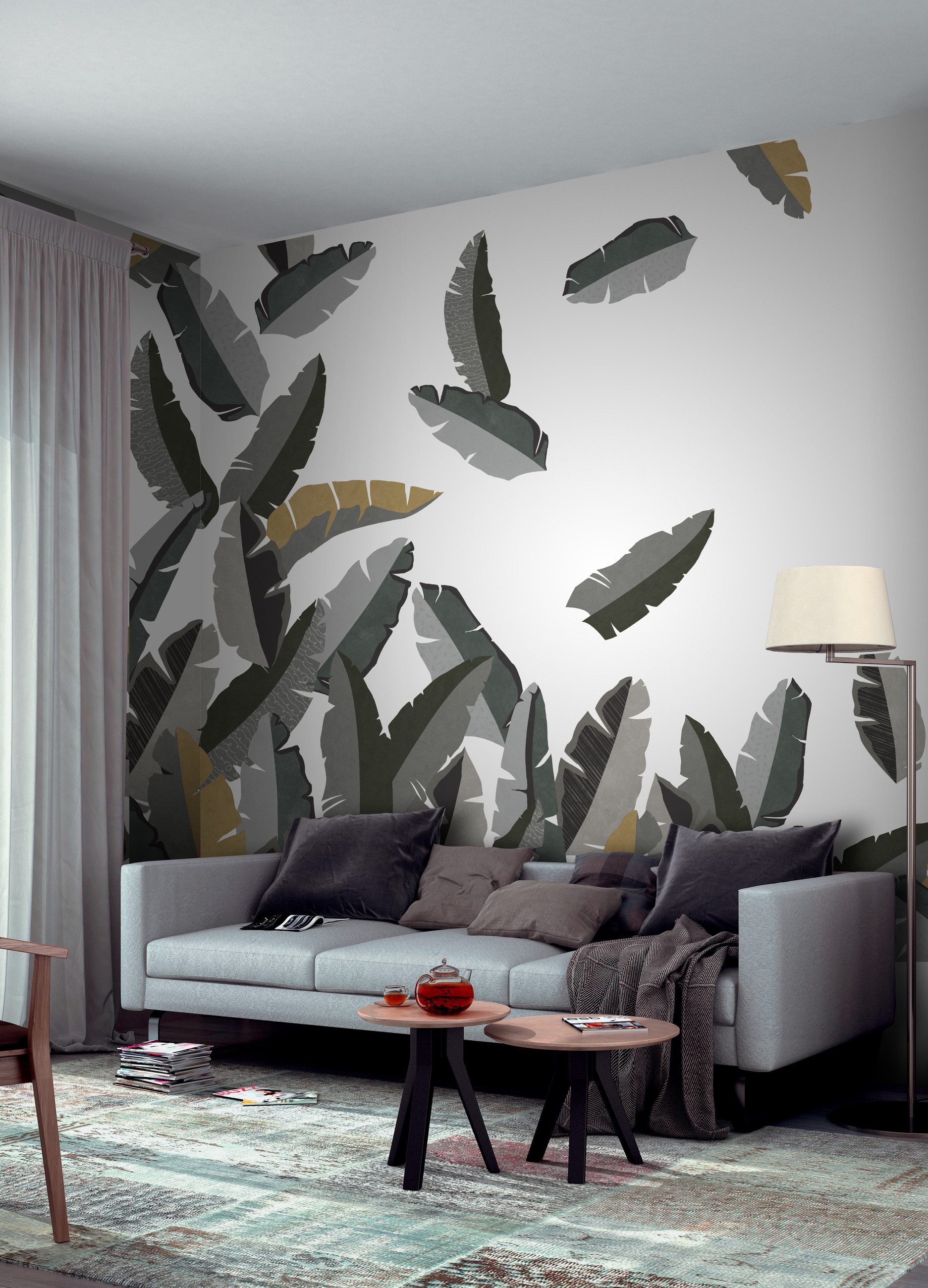 Rasch Fototapete Blätter & Botanisches Muster - Vliestapete Weiß Grau Schwarz Oliv, floral, (1 Rolle, 1 St., 3 m x 4 m), Lichtbeständige Farben - Feucht abwischbar - Restlost abziehbar