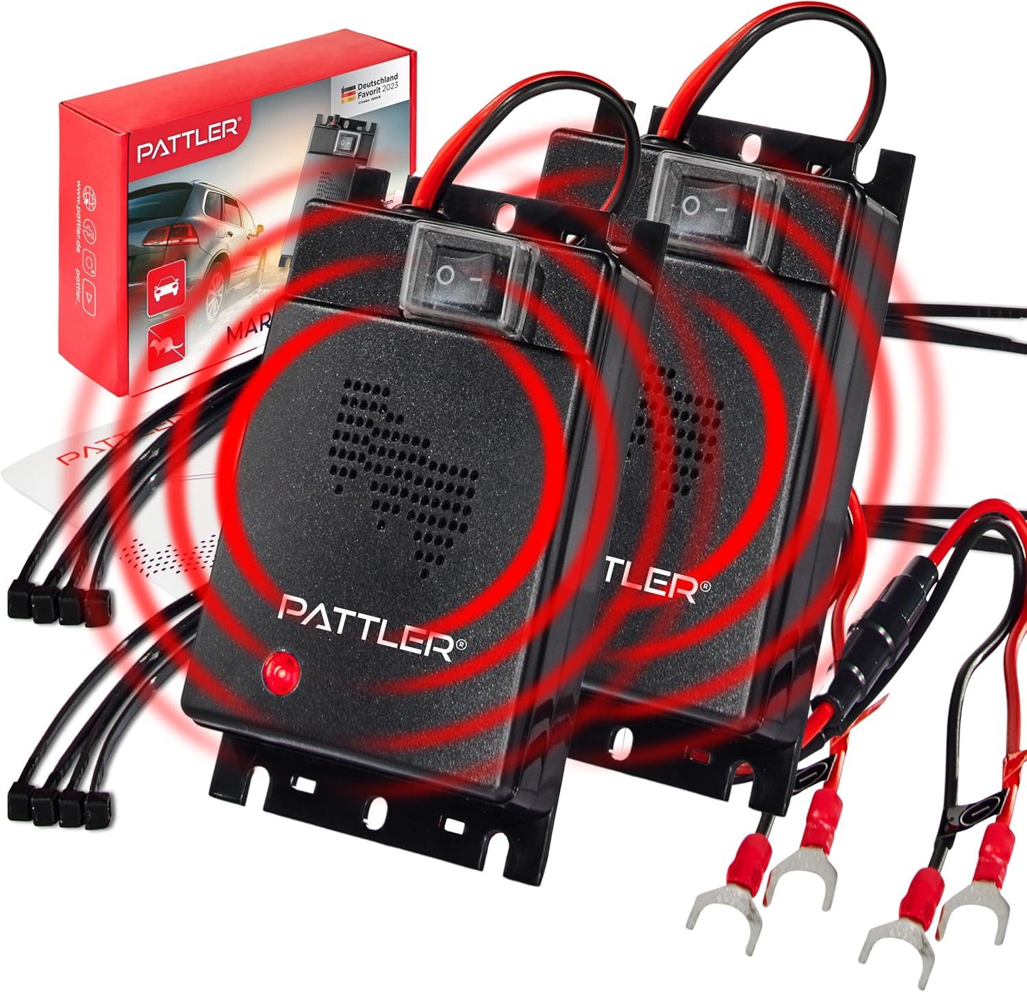 Pattler Ultraschall-Tierabwehr Marderschreck Auto Anschluss an 12V Autobatterie, Sofortiger & Langfristiger Marderschutz für Auto im Motorraum 2-tlg., Effektive Marderabwehr für Auto - mit Ultraschall