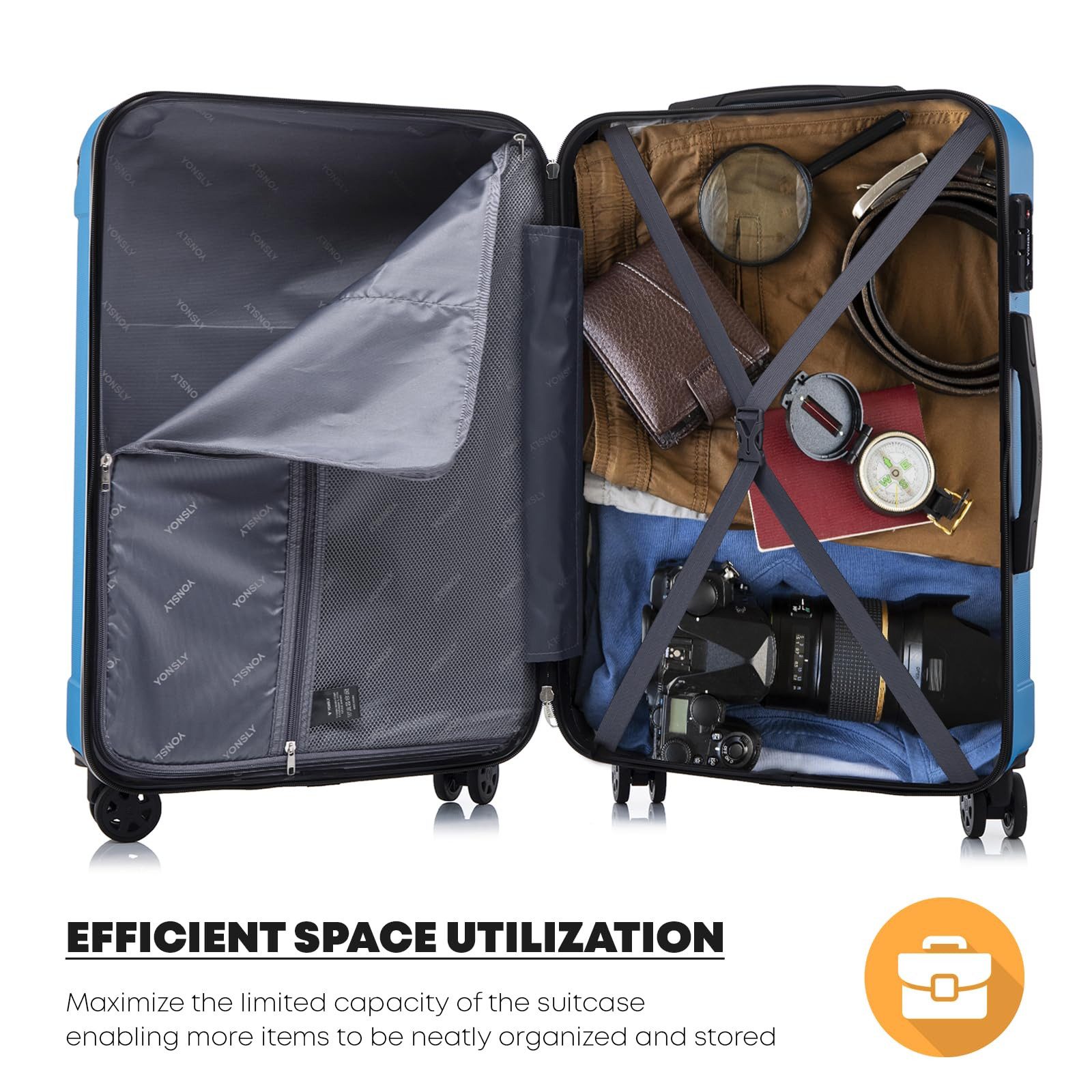 YONSLY Hartschalen-Trolley Premium Hartschalen-Reisekoffer Trolley Kabinenkoffer, 4 Rollen, TSA-Schloss, YKK-Reißverschluss, austauschbare Rollen & Griffe – Bild 3 von 5