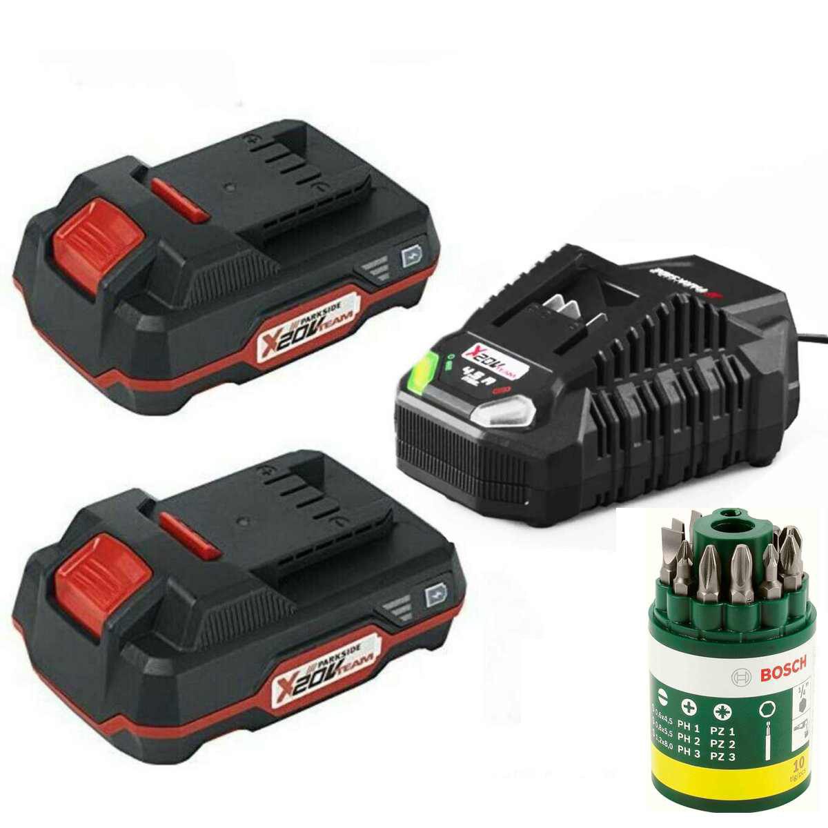 Parkside 2 x Akku 20V - 2.0 Ah PAP 20 + Ladegerät 4.5 A + Bosch Bitset 10 tlg Akku Starter-Set