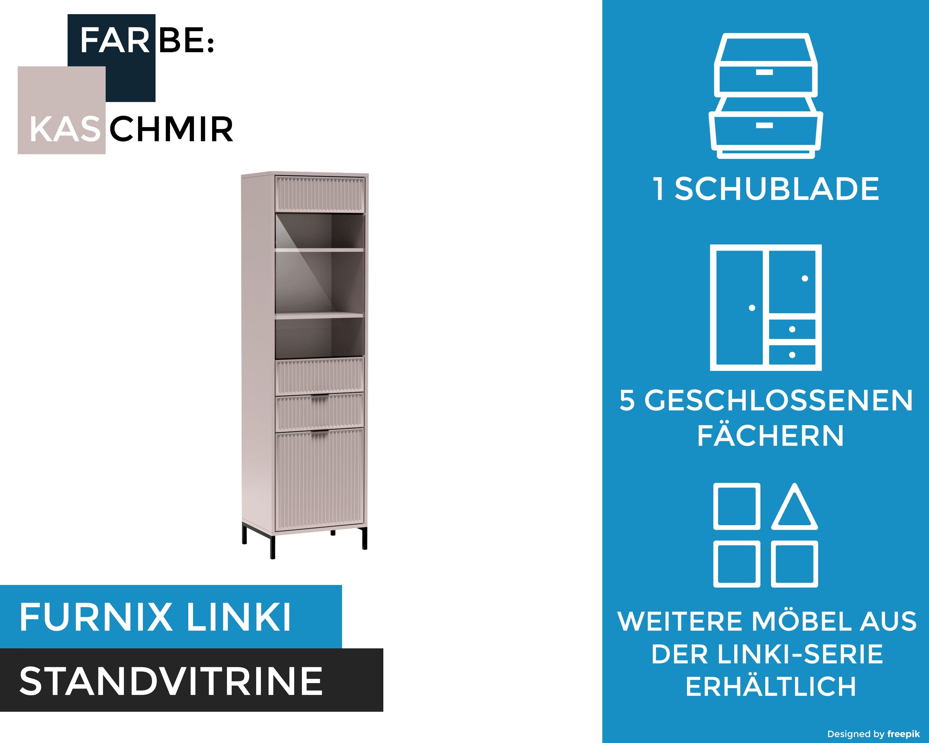 Furnix Standvitrine Vitrinenschrank LINKI LS5 Kaschmir mit Türen Schublade mit verglaste Glastür, Schublade
