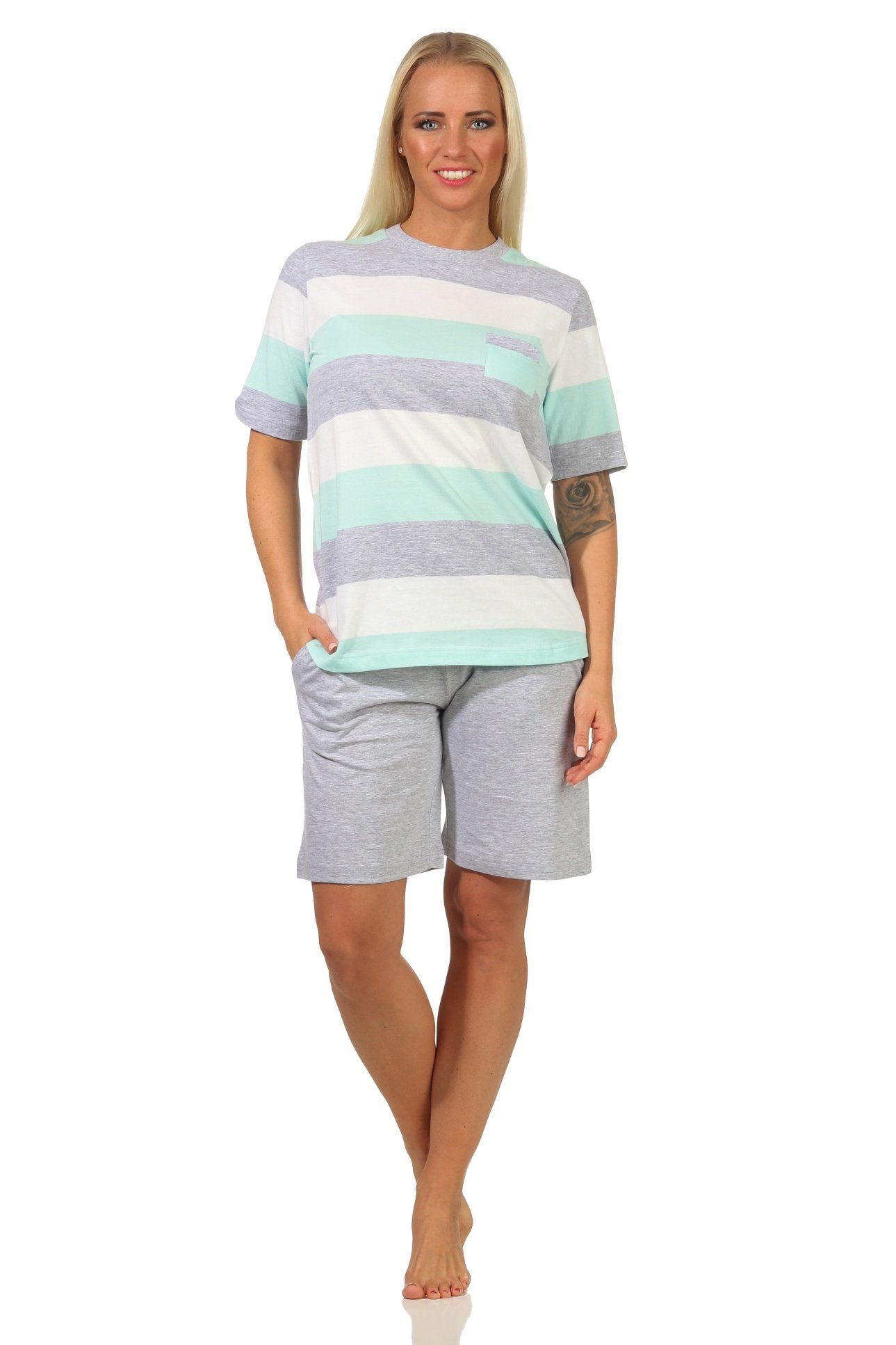Normann Pyjama Damen kurzarm Schlafanzug Shorty Streifen Optik - auch in Übergröße