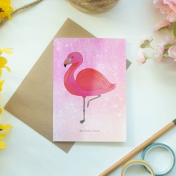 Mr. & Mrs. Panda Grußkarte Flamingo Classic - Aquarell Pink - Geschenk, Hochzeitskarte, Grußkart, Einzigartige Motive