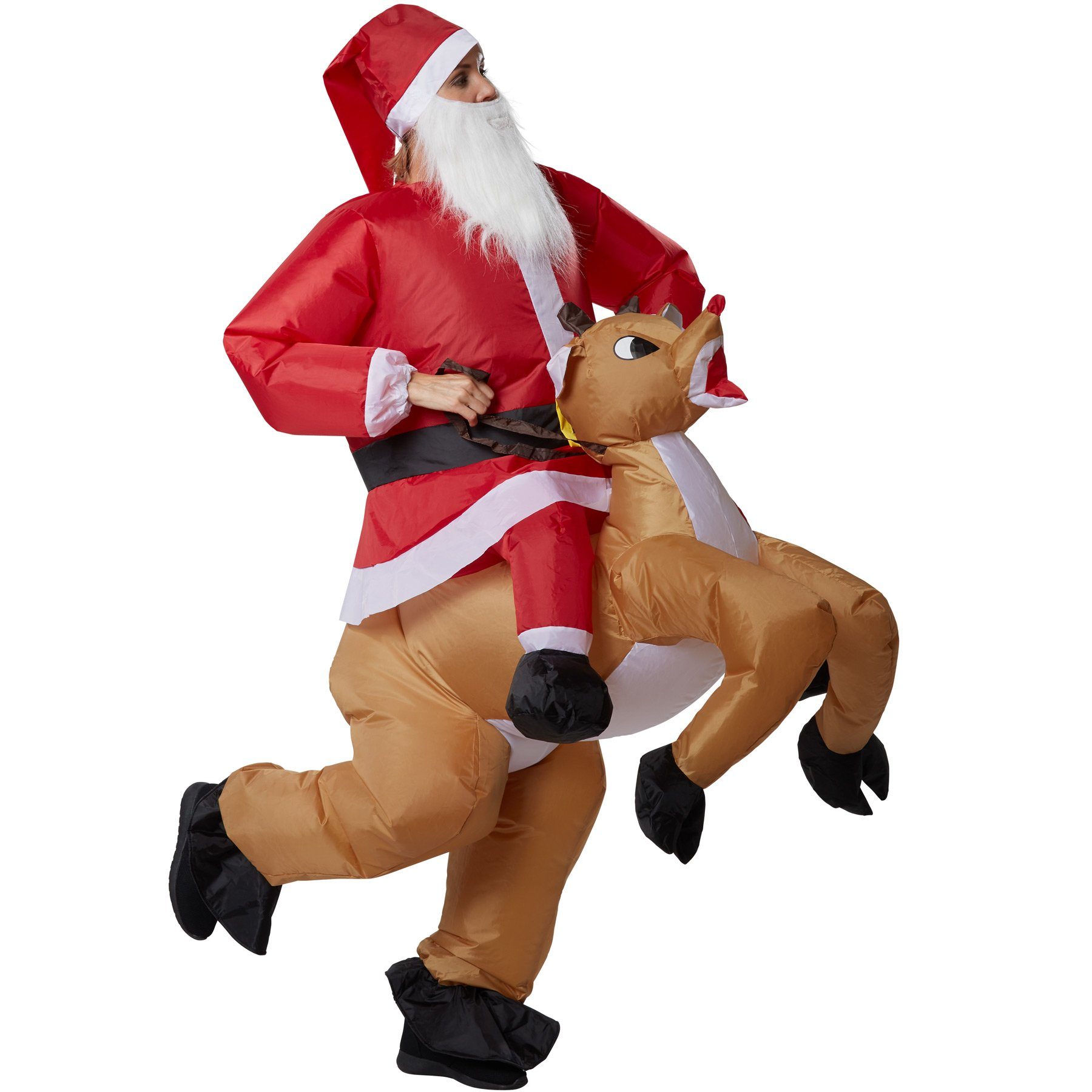 dressforfun Kostüm Weihnachtsmann/Aufblasanzug, in der Farbe rot, Gr. Einheitsgröße, Aufsitzkostüm mit Mütze und Bart, In 30 Sekunden auf voller Größe