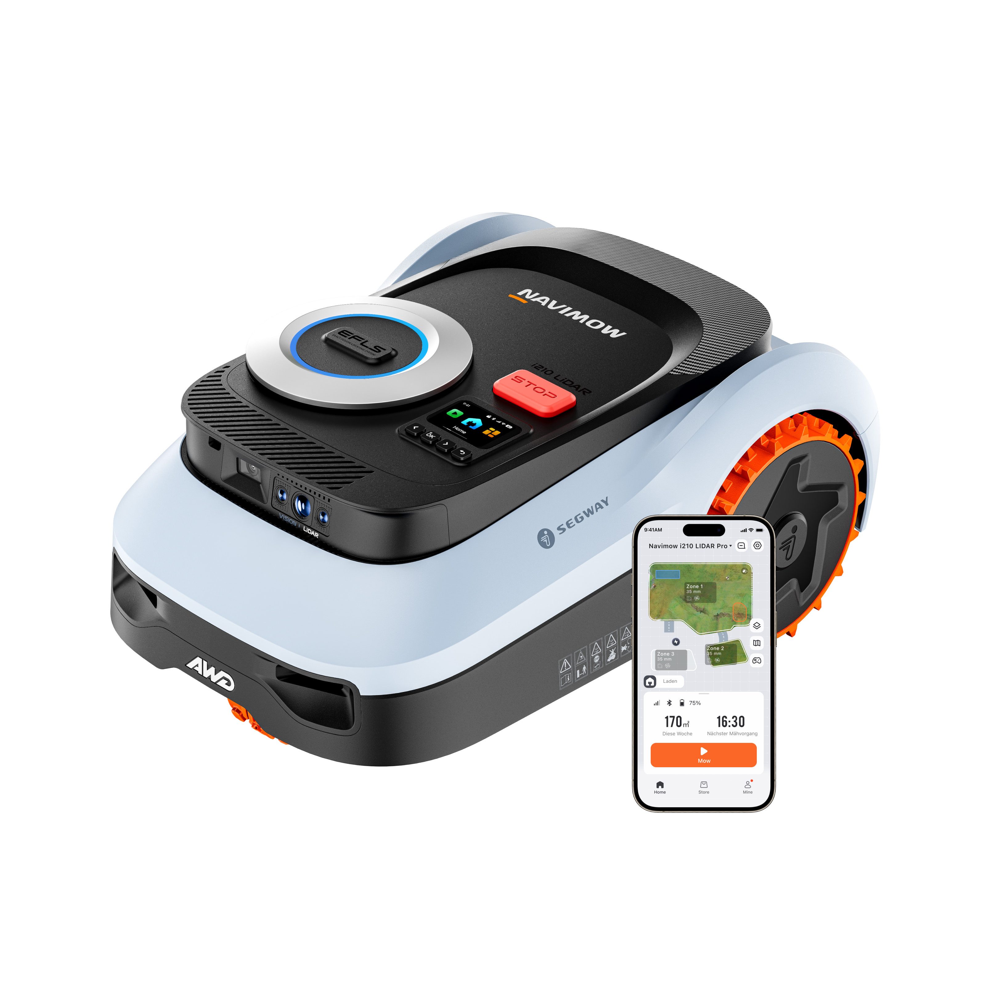 NAVIMOW Rasenmähroboter Segway i210/i220 LiDAR Pro Mähroboter ohne Begrenzungskabel, bis 1000 m² Rasenfläche, (1-St., Xero-Turn AWD für 55 % Steigungen, Auto-Kartierung), mit Garage M, LiDAR+Vision+NRTK Tri-Fusion-Positionierung
