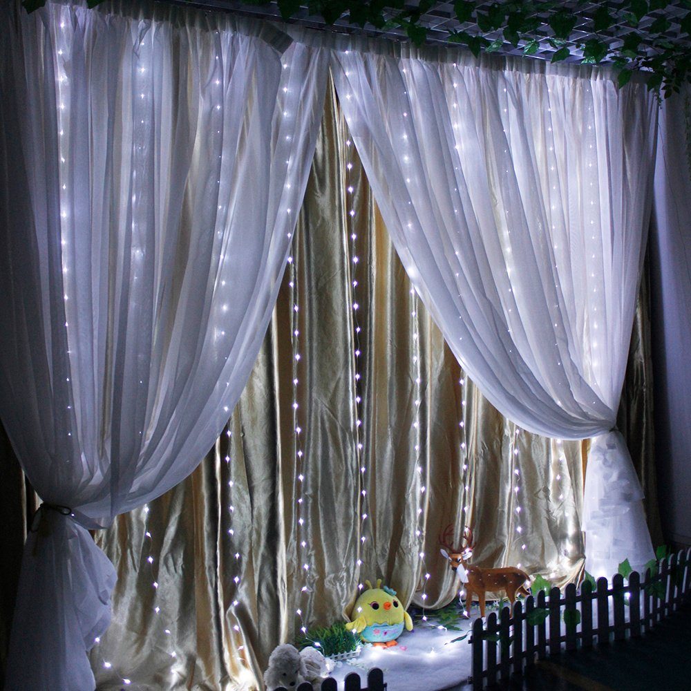 Rosnek LED-Lichtervorhang 3M, 3 Modi/Musik Weiß Fernbedienung, Aufhängehaken; Weihnachten Fenster aktiviert, für Party, Schlafzimmer Deko 8 Garten X mit Wand