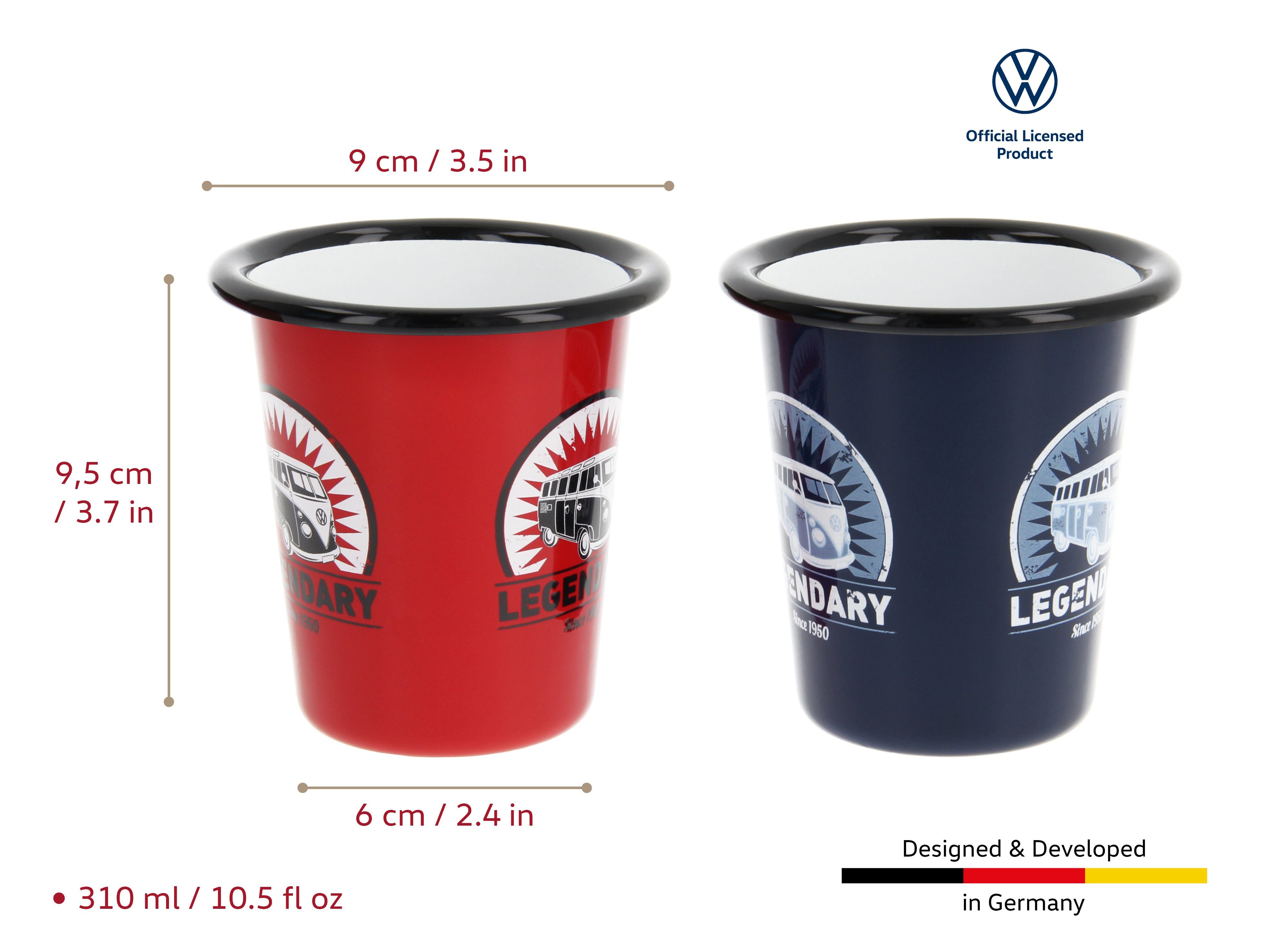 VW Collection by BRISA Becher Volkswagen Emaille Kaffeetasse, Teetasse, 2-tlg., Stahlblech, Cappuccino Becher im T1 Bus Legendary Design in Rot & Blau, 2er Set