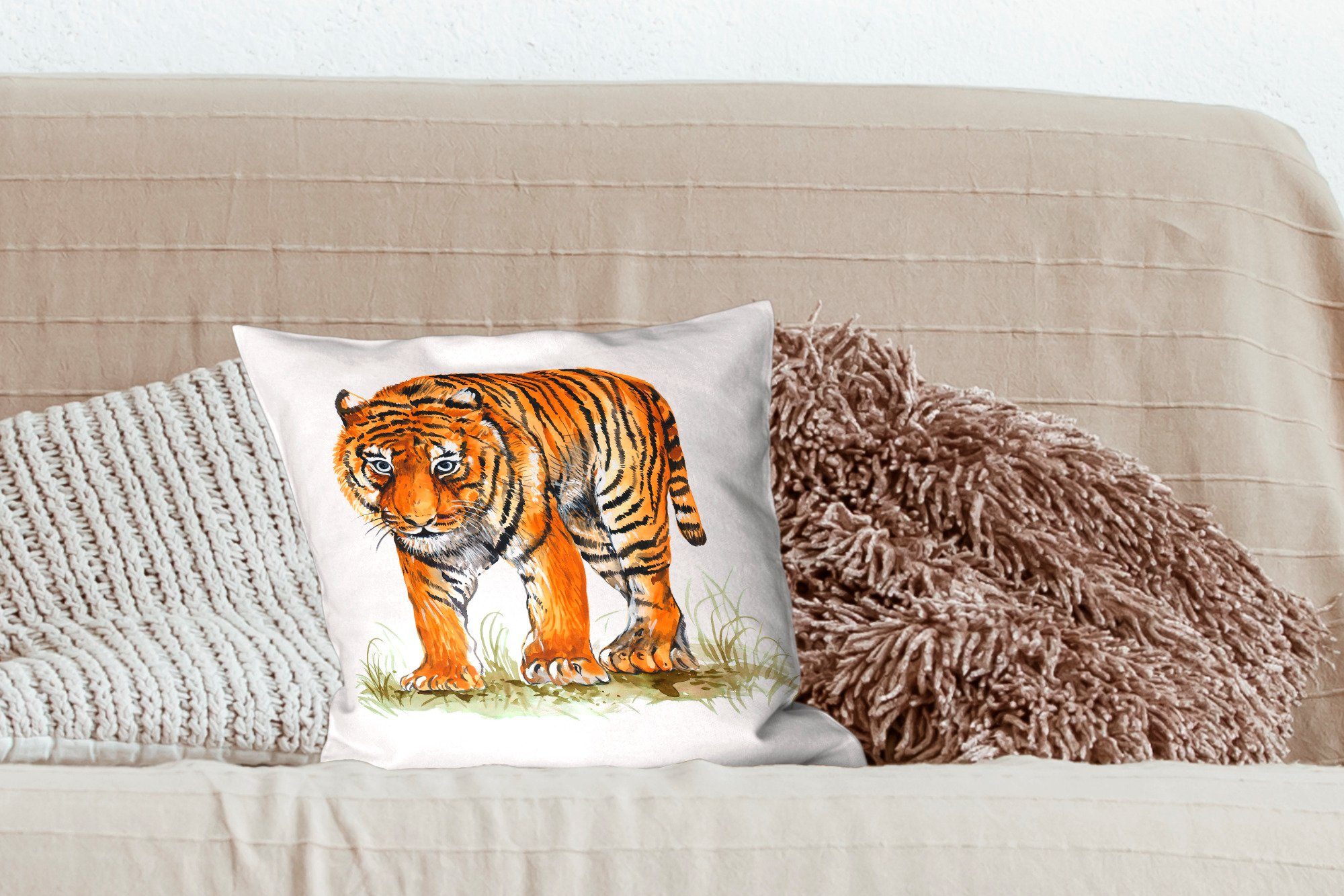 Sofakissen Tiger Dekokissen Schlafzimmer, Zierkissen MuchoWow Deko, - Füllung Gras, - mit für Wohzimmer, Augen