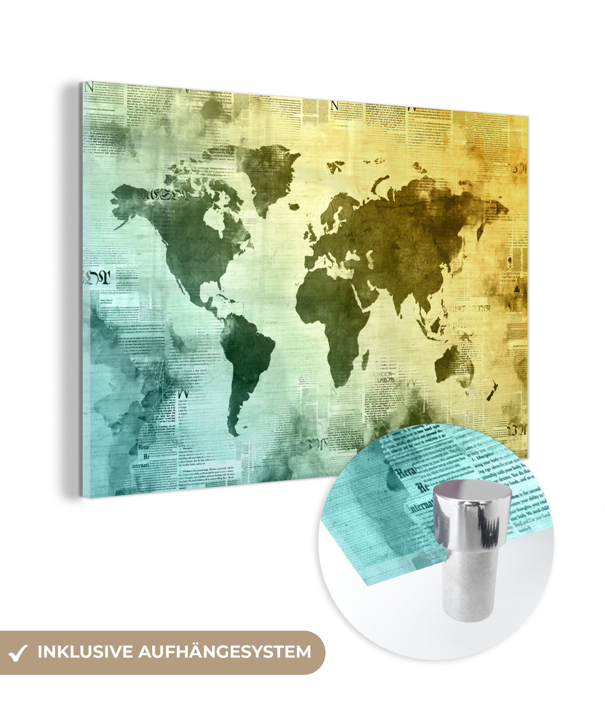 MuchoWow Acrylglasbild Weltkarte - Blau - Gelb, (1 St), Glasbilder - Bilder auf Glas Wandbild - Foto auf Glas - Wanddekoration | Bilder