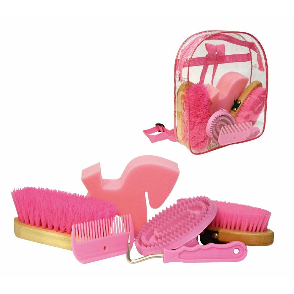 Kerbl Pet Pferdebürste Putzset mit 7 Produkten in transparentem Rucksack Rosa