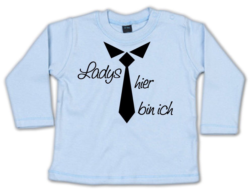 G-graphics Longsleeve Ladys – hier bin ich Baby Sweater / Longsleeve T mit Spruch zur Geburt / Babyparty