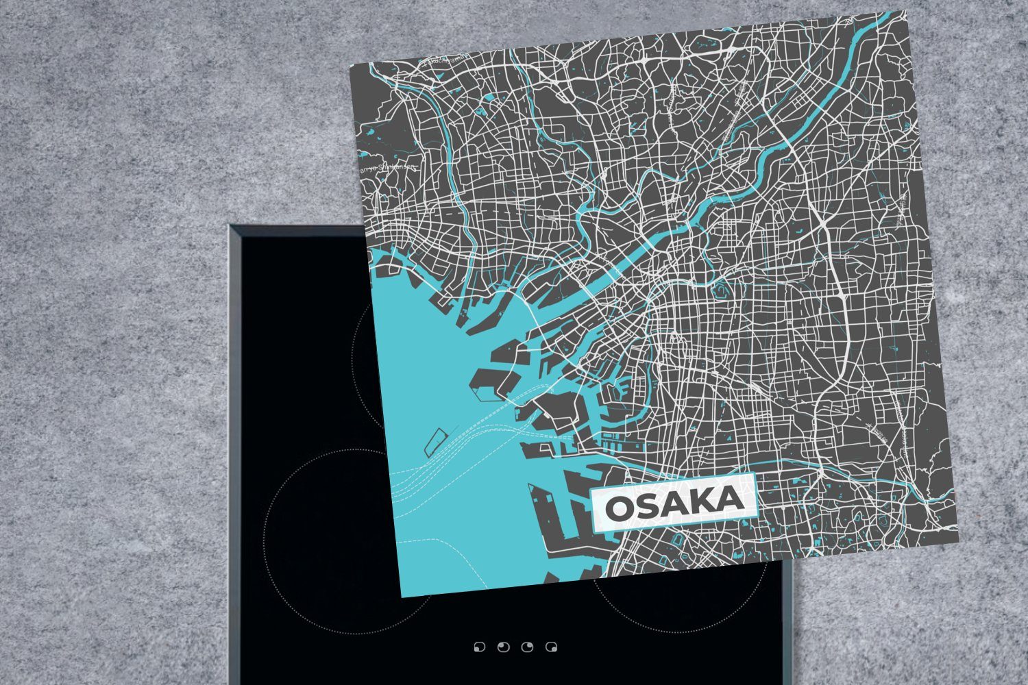 Stadtplan, Vinyl, - küche - Ceranfeldabdeckung, Osaka Herdblende-/Abdeckplatte MuchoWow Arbeitsplatte 78x78 Blau cm, - für tlg), (1 Karte