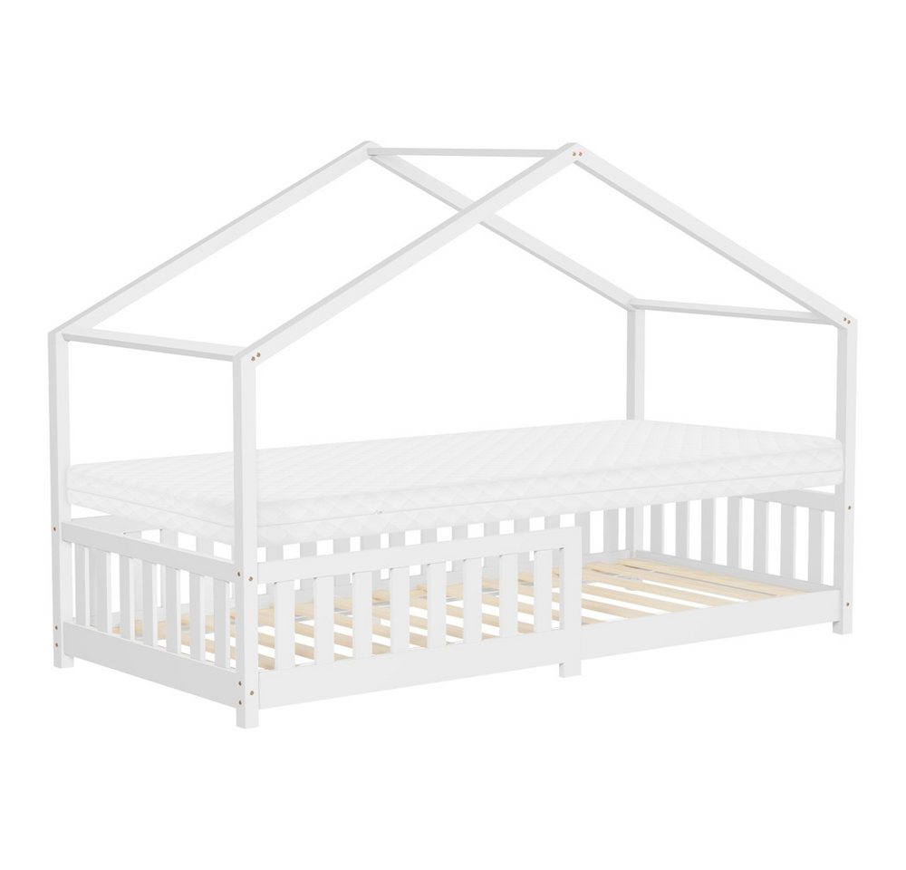 ML-DESIGN Spielbett Hausbett Kinderbett inkl. Lattenrost & Rausfallschutz Kinder Bodenbett, Abenteuerbett 90x200cm mit Matratze Himmelbett Kiefer Jugendbett Weiß