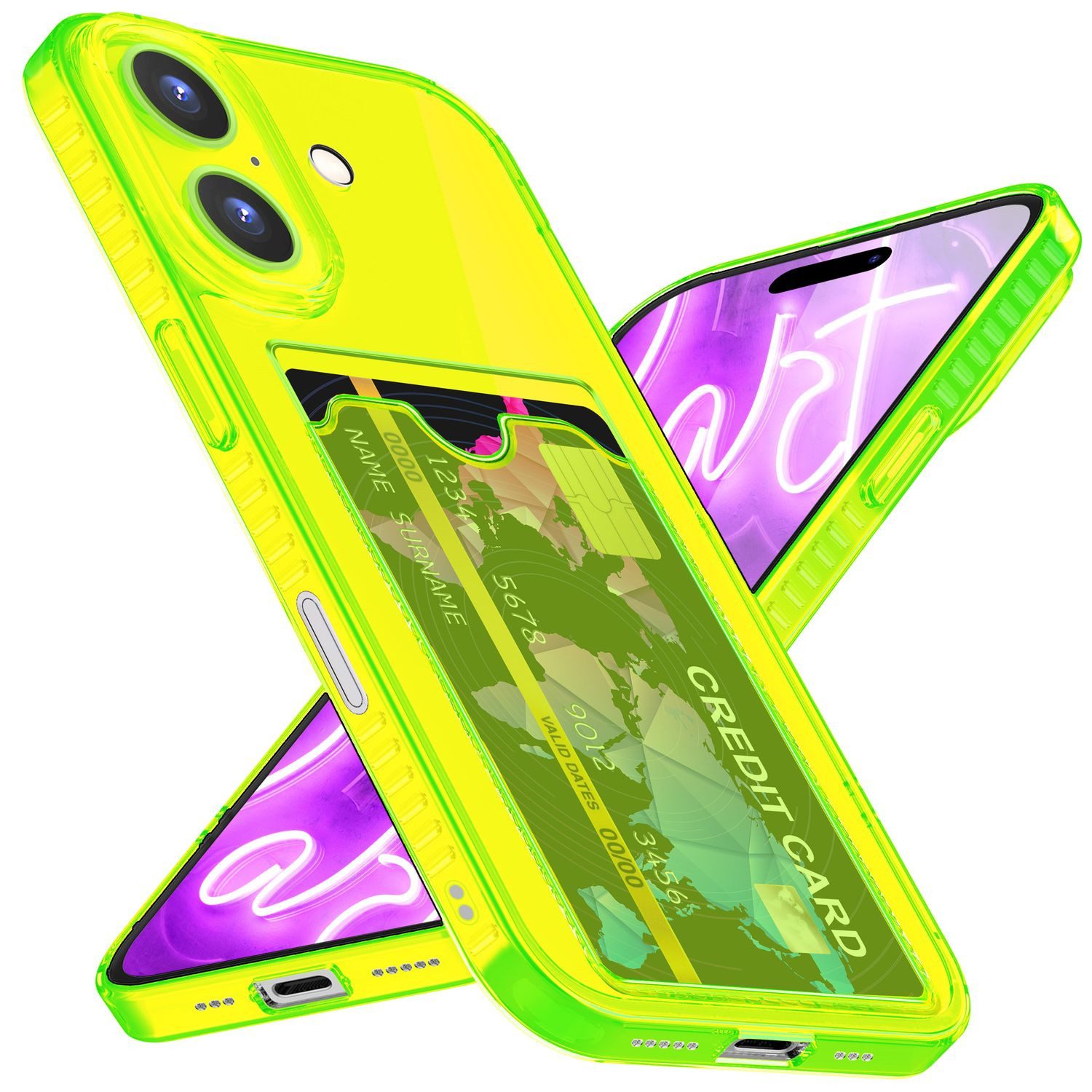 Nalia Smartphone-Hülle Apple iPhone 16 Plus 17 cm (6,7 Zoll), Klare Neon Silikon Hülle mit Kartenfach / Durchsichtig Bunt Leuchtend
