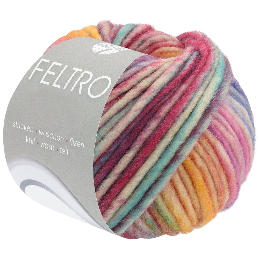 LANA GROSSA FELTRO CAMINO Bunte Merino-Filzwolle Häkelwolle, 50 m (Selbststreifender Farbverlauf für individuelle Unikate, Bunte Merino-Filzwolle zum Stricken und Filzen), 50 g