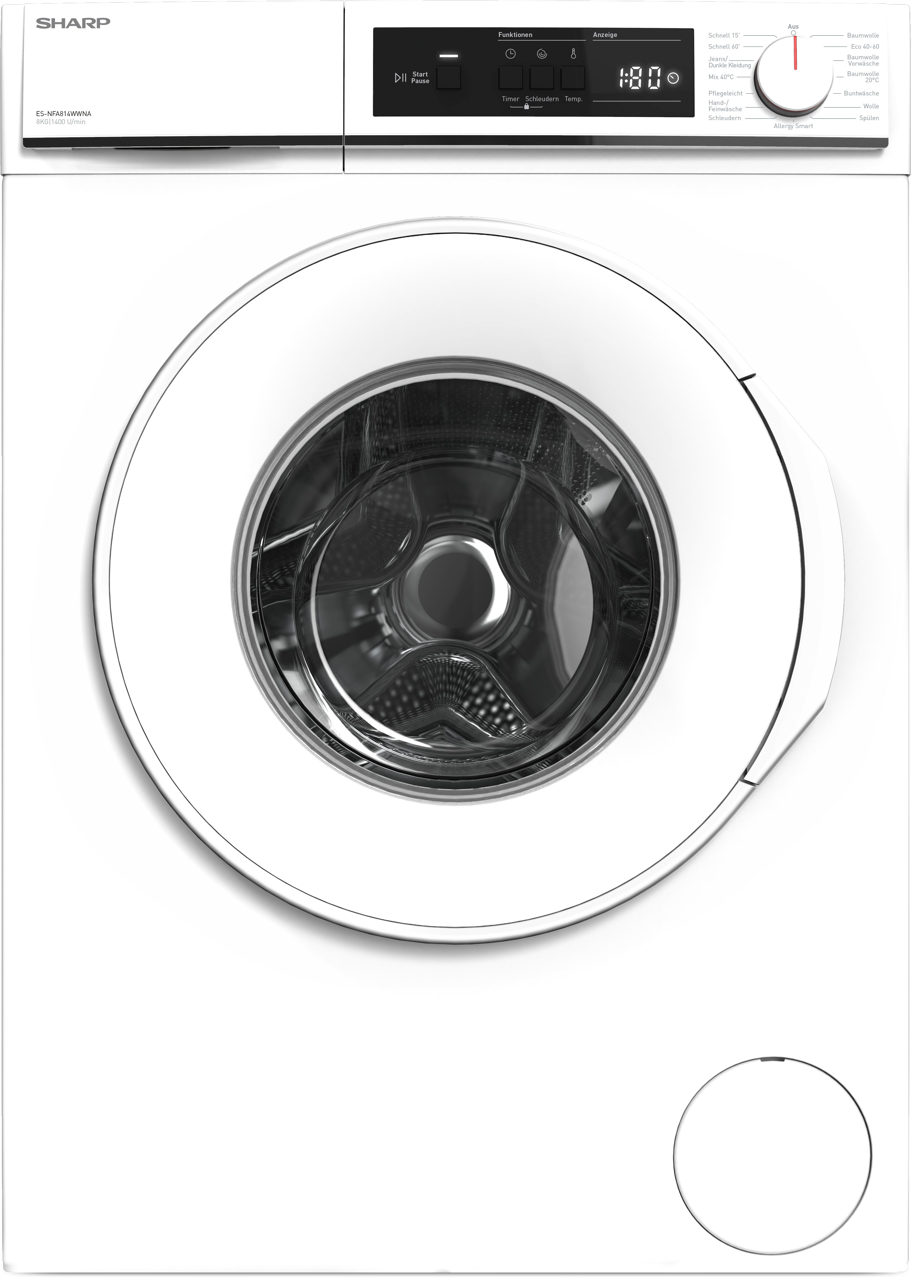 Sharp Waschmaschine ES-NFA814WWNA-DE, 8 kg, 1400 U/min, AllergySmart für Allergiker: Entfernt bestimmte Allergene & Bakterien