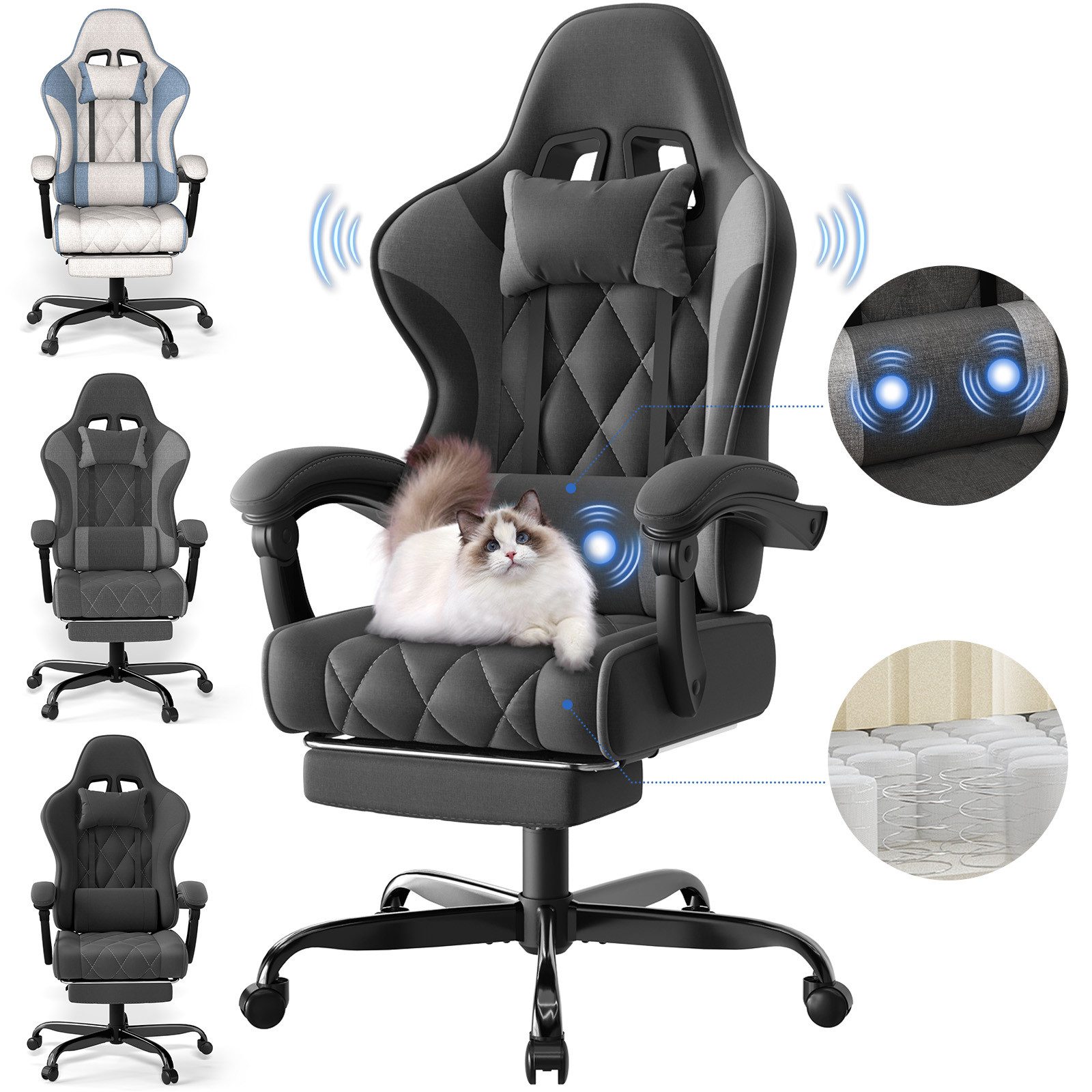 HOMALL Gaming-Stuhl Massage-Bürostuhl aus Stoff mit Fußstütze und Kopfstütze (Katzenkrallen-abweisendes Gewebe, mit abnehmbarem Kopfkissen und Federkern-Sitzkissen, maximale Belastbarkeit 150 kg)