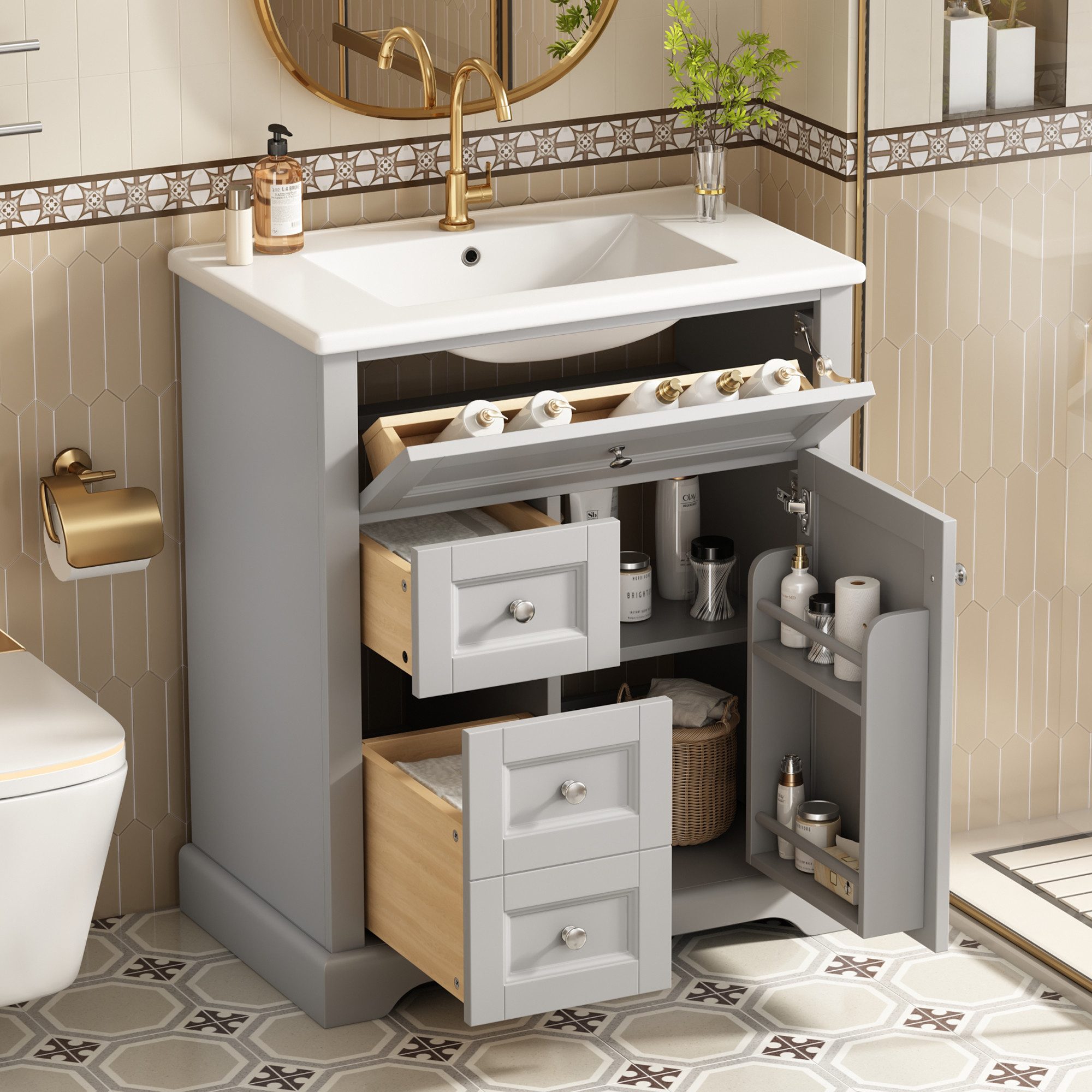 Merax Waschtisch mit Waschbecken (76x46x87cm, 1-St., Badmöbel Badschrank mi günstig online kaufen