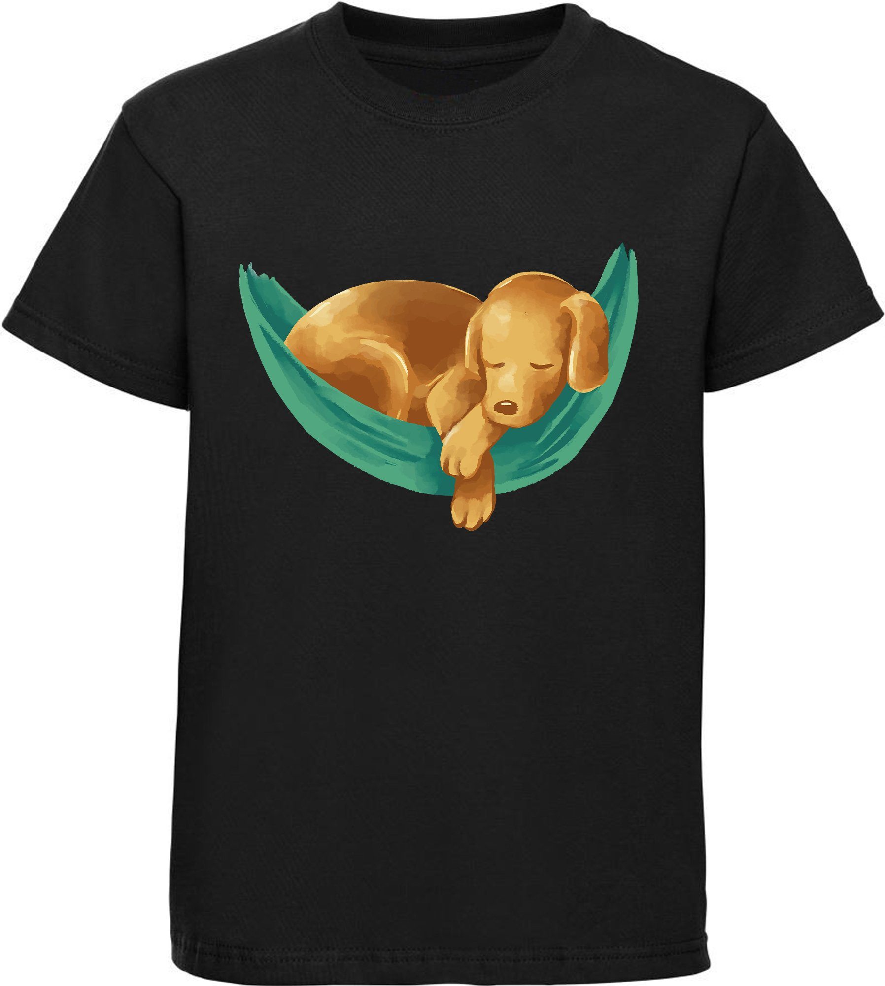 MyDesign24 T-Shirt Kinder Hunde Print Shirt bedruckt - Labrador Welpe in Hängematte Baumwollshirt mit Aufdruck, i245 schwarz | T-Shirts