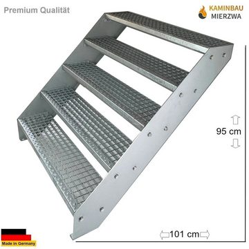 Kaminbau Mierzwa Außentreppe Premium Treppe Verzinkt, für Geschosshöhen bis 95 cm, Stufen Gitterroststufen nach DIN 24531, (Höhe 95 cm, Breite wählbar aus 60, 80, 100, 120, 140 cm), Gartentreppe Stahltreppe Wetterfest Rostfrei Feuer-Verzinkt Rutschfest