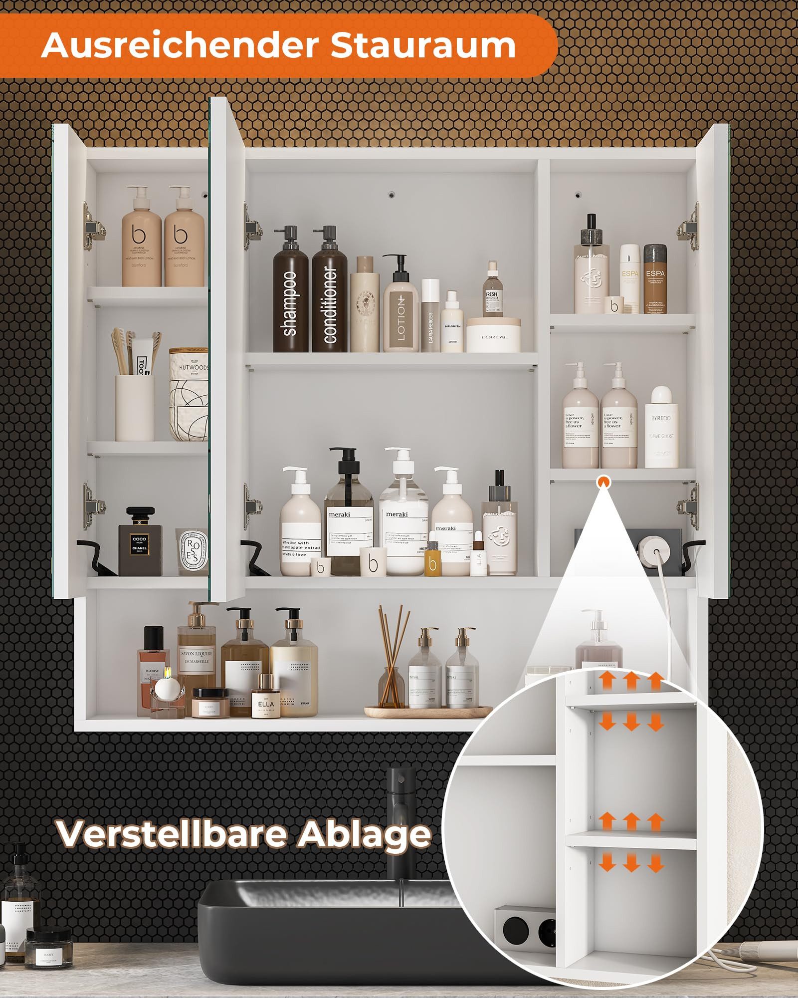 MSMASK Badezimmerspiegelschrank Moderner 3-türiger LED-Spiegelschrank mit verstellbaren Einlegeböden & 3 Lichtfarben – Wandmontage, Weiß (80x75,5x17 cm) – Bild 5 von 5