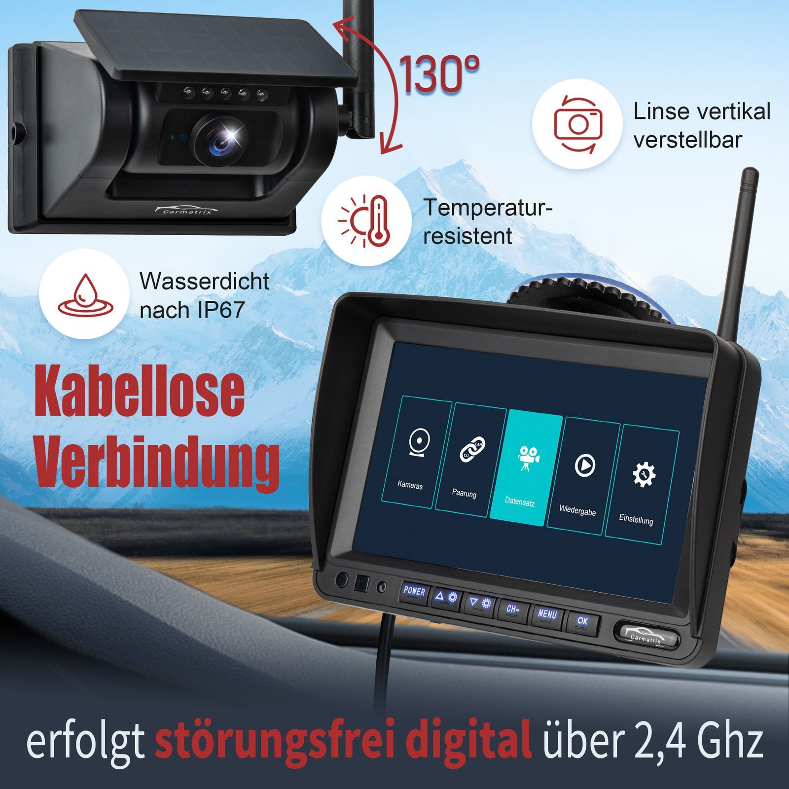 CARMATRIX Premium Solar 7 DUO Rückfahrkamera (Solar Funk Rückfahrsystem für Wohnmobil Anhänger Magnet Rückfahrkamera, Solarpanel Akku Digital kabellos ohne Bohren für Transporter LKW)
