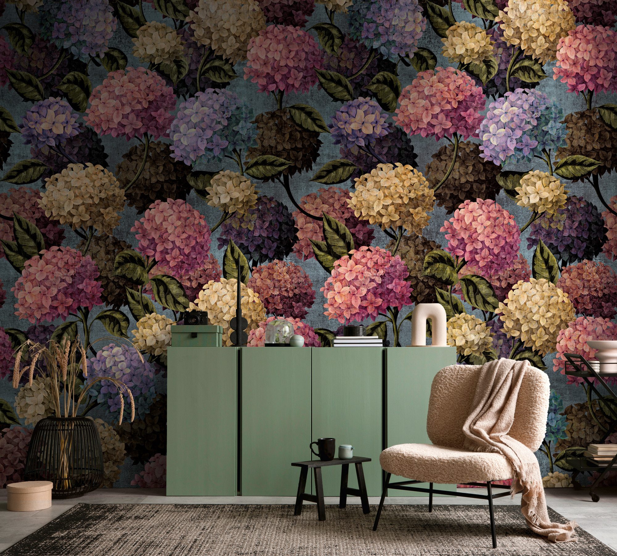 living walls Fototapete The Wall 4 Flowers – Üppige Hortensienblüten Vlies-Fototapete, leicht strukturiert, floral, matt, botanisch, (1 St), Üppige Hortensienblüten mit natürlicher Tiefenwirkung