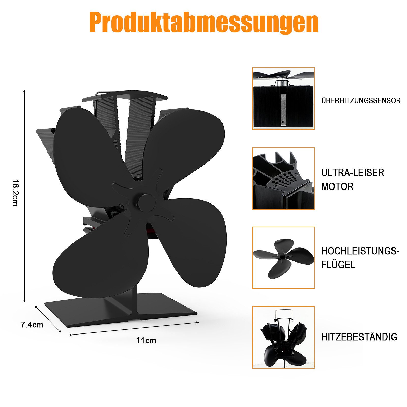 SunJas Kaminventilator 4 Flügel Ofenventilator Ohne Strom, Wärmebetriebener, Leiser, 10,2T x 18,1B x 18,7H cm,für Pellet/Holzbrenner/Kamin – Bild 5 von 5