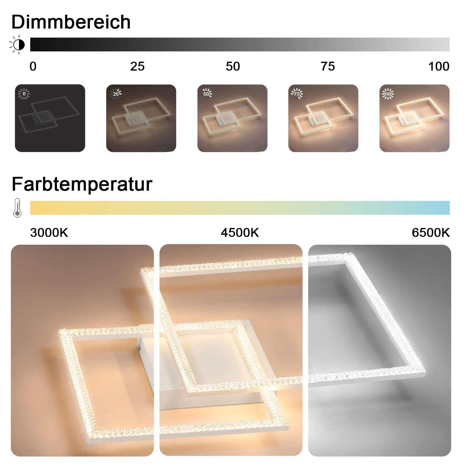 zwei Quadrat 57*48cm, fest 50W warmweiß-kaltweiß, Deckenleuchte LED LED Weiß integriert, LEDs Kristall ZMH Modern