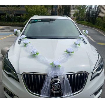 Kunstblume Romantische weiße Luxus-Rose Hochzeit Dekoration Auto Set, DOPWii, Motorhaube & Fenster Band Dekoration, Organza Auto-Schmuck, Girlande
