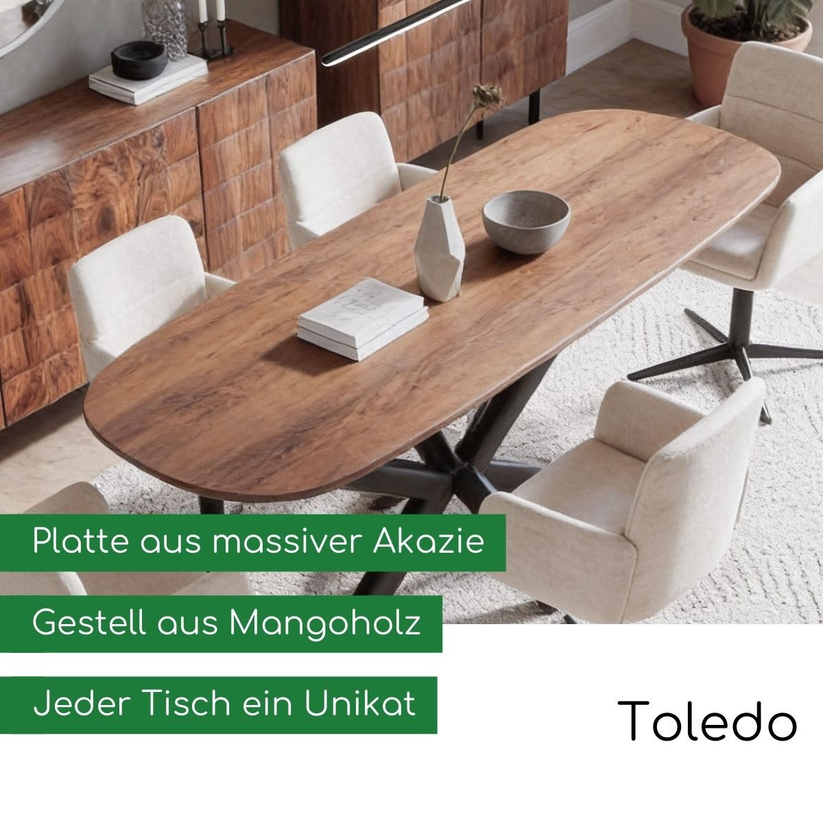 CASA DOMA Esstisch Toledo, Platte aus massiver Akazie, Gestell Mangoholz, 200x100 cm